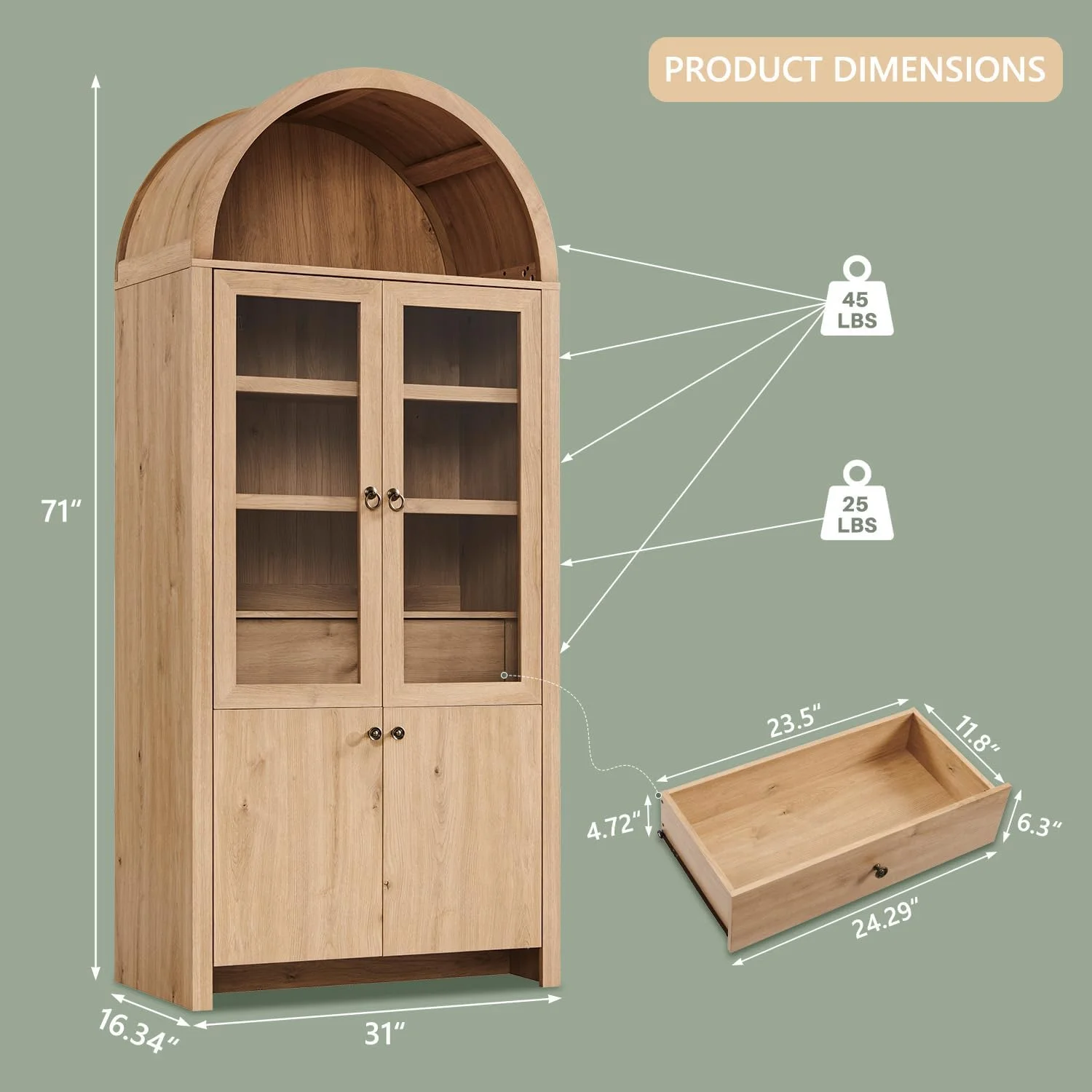 کتابخانه قوسی بلند 180 سانتی متری، قفسه کتاب مدرن با قفسه باز و قابل تنظیم، کابینت نمایش چوبی با کشوی بزرگ مخفی و درهای شیشه ای، کتابخانه چند منظوره برای اتاق نشیمن، اتاق خواب، طبیعی