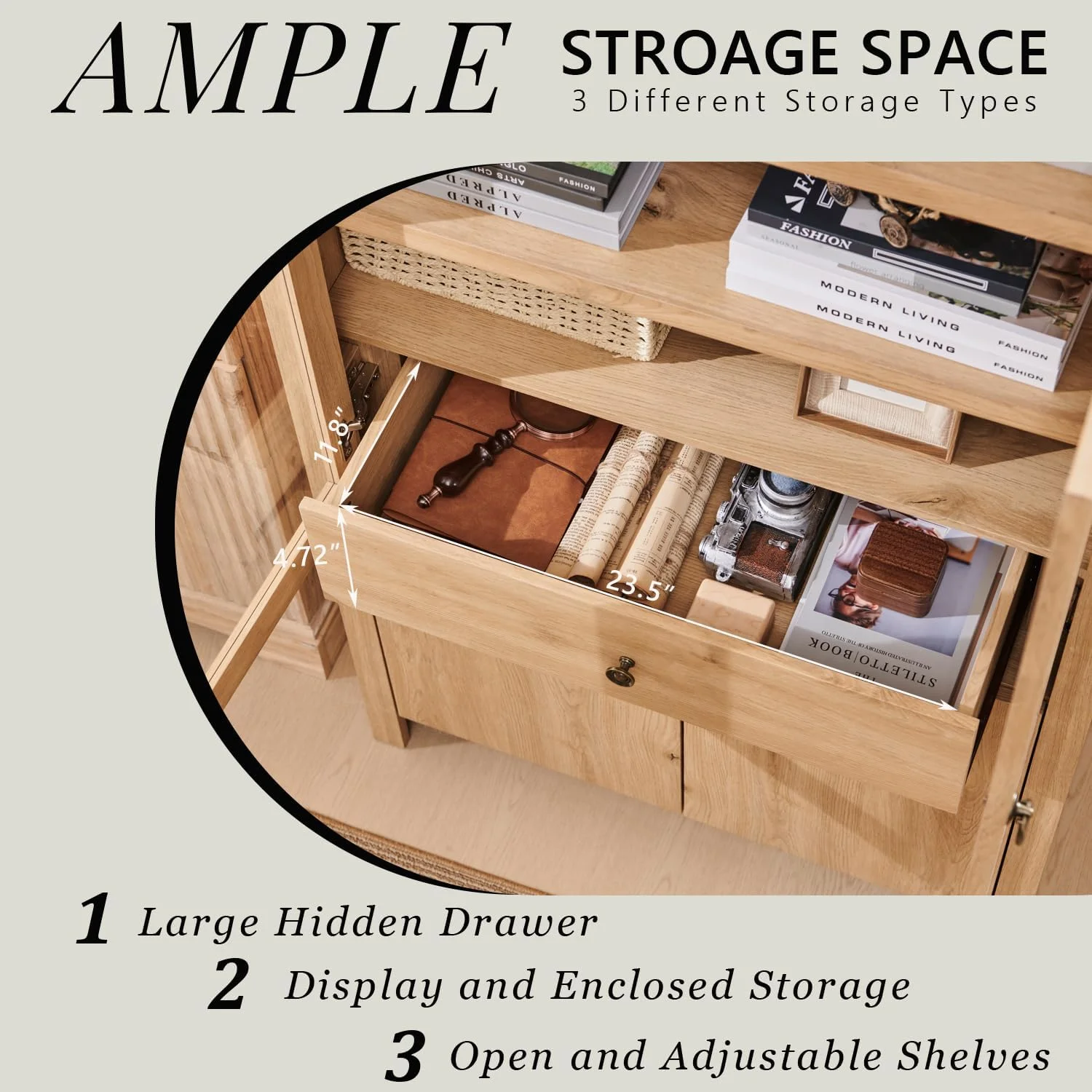 کتابخانه قوسی بلند 180 سانتی متری، قفسه کتاب مدرن با قفسه باز و قابل تنظیم، کابینت نمایش چوبی با کشوی بزرگ مخفی و درهای شیشه ای، کتابخانه چند منظوره برای اتاق نشیمن، اتاق خواب، طبیعی