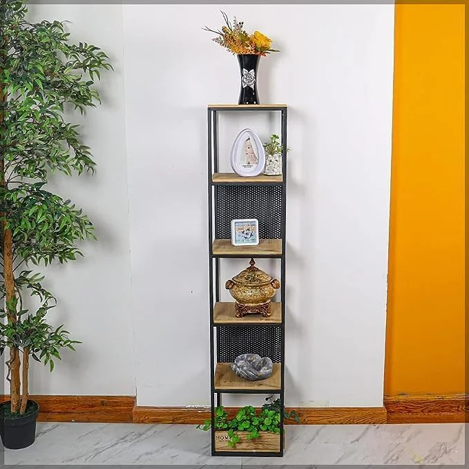 قفسه کتاب چوبی YATAI، قفسه کتاب 6 طبقه، واحد قفسه بندی کتاب بلند با قاب فلزی، قفسه های قابل تنظیم چند منظوره برای دفتر کار خانگی، حمام، آشپزخانه، اتاق نشیمن