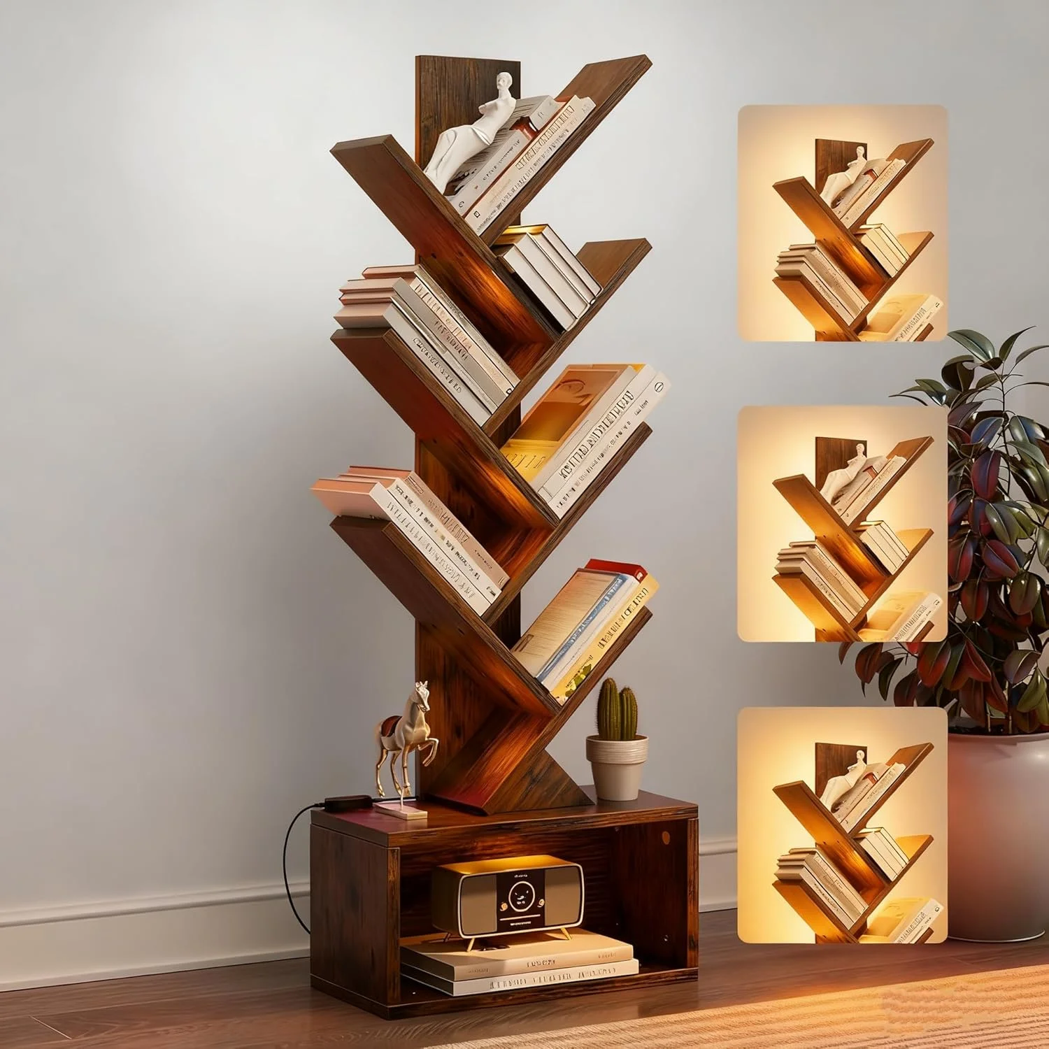 قفسه کتاب درختی 6 طبقه با چراغ های LED رنگی RGBIC، قفسه کتاب عمودی برای کتاب ها و سی دی ها، سازمان دهنده کتاب ایستاده با کابینت ذخیره سازی، قفسه کتاب گوشه ای برای اتاق نشیمن و دفتر کار خانگی