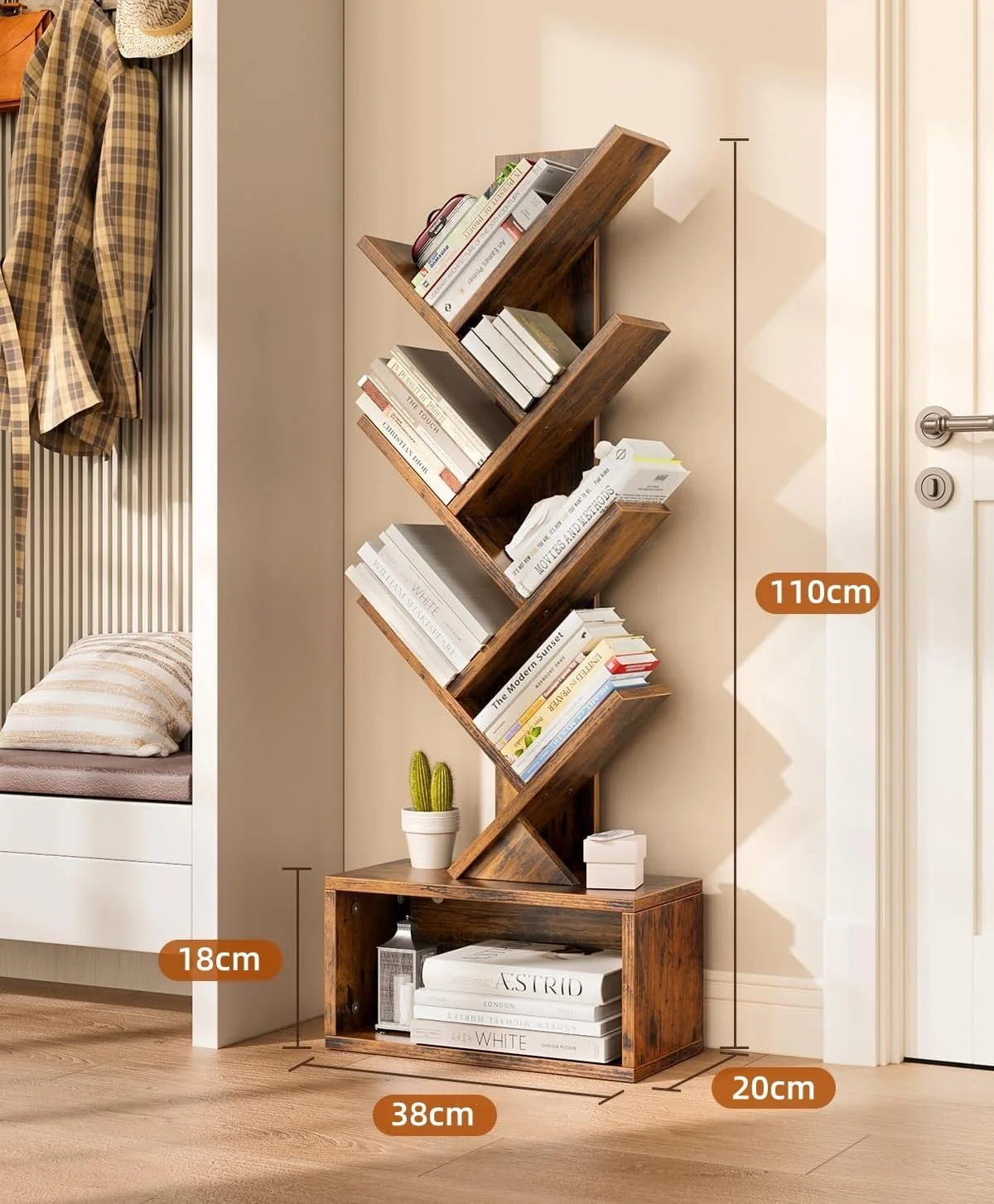 قفسه کتاب درختی 6 طبقه با چراغ های LED رنگی RGBIC، قفسه کتاب عمودی برای کتاب ها و سی دی ها، سازمان دهنده کتاب ایستاده با کابینت ذخیره سازی، قفسه کتاب گوشه ای برای اتاق نشیمن و دفتر کار خانگی