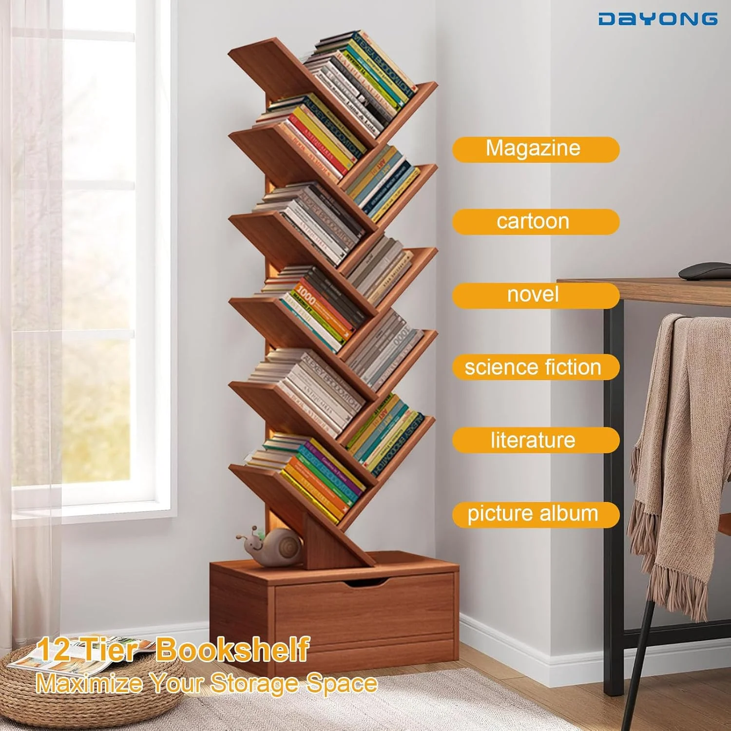 کتابخانه درختی 12 طبقه DAYONG، قفسه کتاب چوبی با کشو، قفسه کتاب ایستاده، قفسه نمایشگر کاربردی برای دفتر کار خانگی، اتاق نشیمن، اتاق خواب (چوب) کتابخانه درختی 12 طبقه DAYONG، قفسه کتاب چوبی با کشو، قفسه کتاب ایستاده، قفسه نمایشگر کاربردی برای دفتر کار خانگی، اتاق نشیمن، اتاق خواب (چوب)