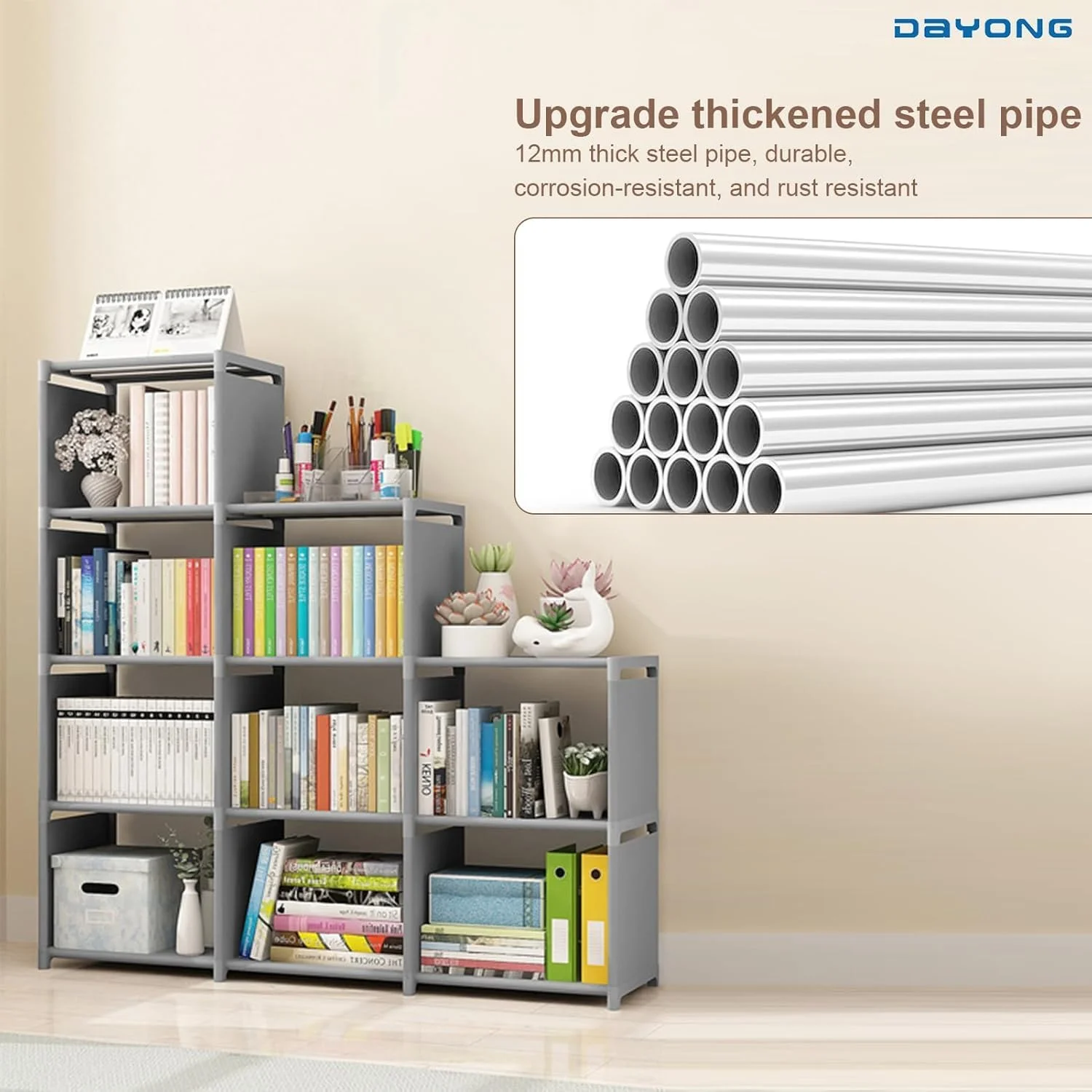 قفسه کتاب 9 خانه DAYONG، قفسه کتاب DIY، سازمان دهنده ذخیره سازی، قفسه کتاب چند منظوره برای دفتر، اتاق خواب، اتاق نشیمن، قاب فولادی با آستین های PP، خاکستری قفسه کتاب 9 خانه DAYONG، قفسه کتاب DIY، سازمان دهنده ذخیره سازی، قفسه کتاب چند منظوره برای دفتر، اتاق خواب، اتاق نشیمن، قاب فولادی با آستین های PP، خاکستری