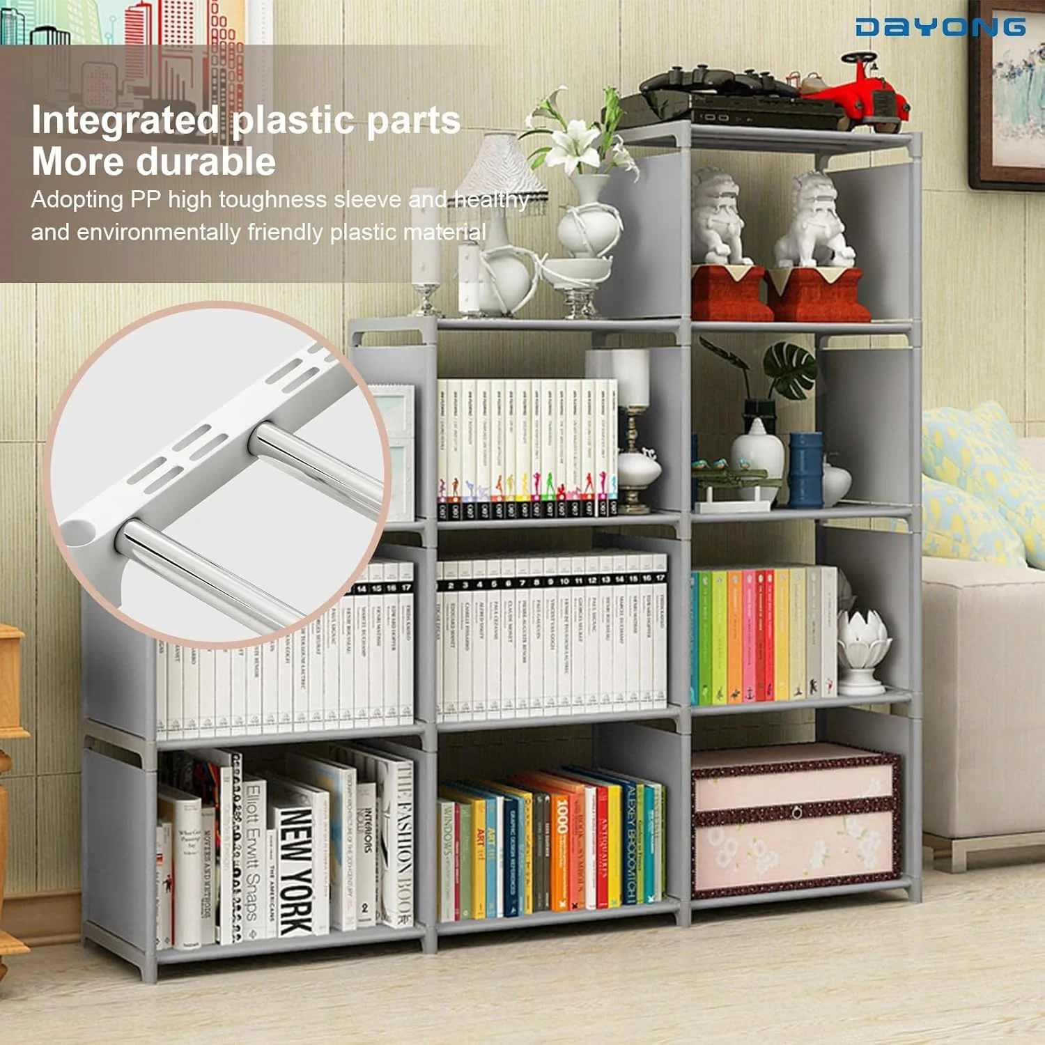 قفسه کتاب 9 خانه DAYONG، قفسه کتاب DIY، سازمان دهنده ذخیره سازی، قفسه کتاب چند منظوره برای دفتر، اتاق خواب، اتاق نشیمن، قاب فولادی با آستین های PP، خاکستری قفسه کتاب 9 خانه DAYONG، قفسه کتاب DIY، سازمان دهنده ذخیره سازی، قفسه کتاب چند منظوره برای دفتر، اتاق خواب، اتاق نشیمن، قاب فولادی با آستین های PP، خاکستری