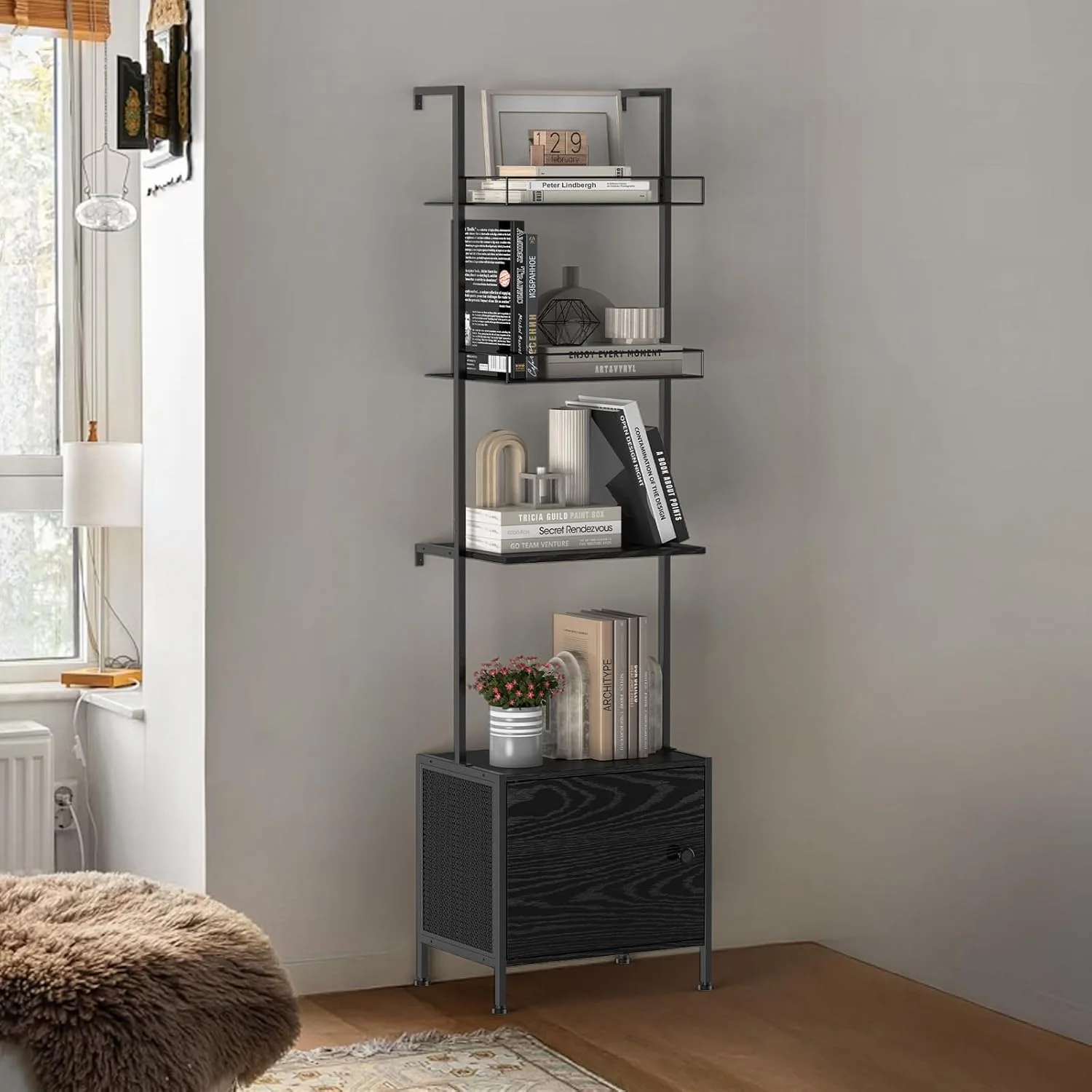 قفسه کتاب نردبانی شینوسکه، قفسه کتاب 5 طبقه با کابینت ذخیره سازی، قفسه کتاب صنعتی دیواری برای فضای کوچک، قاب فلزی، قفسه نمایش بلند برای اتاق نشیمن، گوشه، اتاق خواب، دفتر کار، مشکی قفسه کتاب نردبانی شینوسکه، قفسه کتاب 5 طبقه با کابینت ذخیره سازی، قفسه کتاب صنعتی دیواری برای فضای کوچک، قاب فلزی، قفسه نمایش بلند برای اتاق نشیمن، گوشه، اتاق خواب، دفتر کار، مشکی