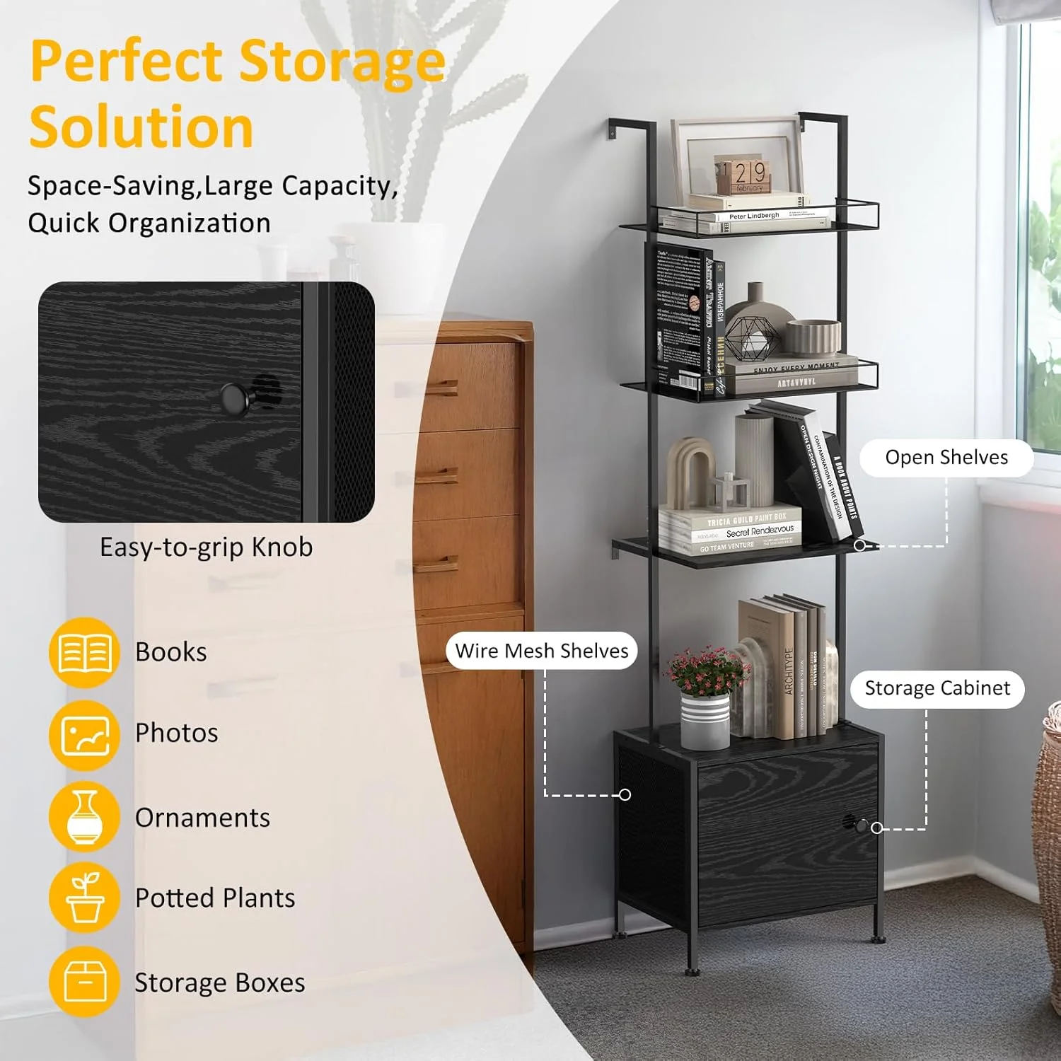 قفسه کتاب نردبانی شینوسکه، قفسه کتاب 5 طبقه با کابینت ذخیره سازی، قفسه کتاب صنعتی دیواری برای فضای کوچک، قاب فلزی، قفسه نمایش بلند برای اتاق نشیمن، گوشه، اتاق خواب، دفتر کار، مشکی قفسه کتاب نردبانی شینوسکه، قفسه کتاب 5 طبقه با کابینت ذخیره سازی، قفسه کتاب صنعتی دیواری برای فضای کوچک، قاب فلزی، قفسه نمایش بلند برای اتاق نشیمن، گوشه، اتاق خواب، دفتر کار، مشکی