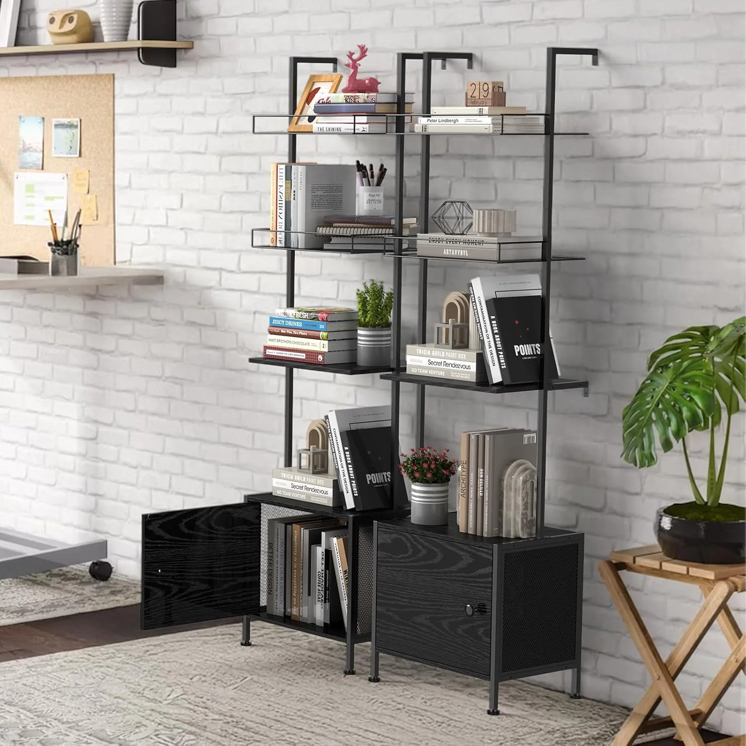 قفسه کتاب نردبانی شینوسکه، قفسه کتاب 5 طبقه با کابینت ذخیره سازی، قفسه کتاب صنعتی دیواری برای فضای کوچک، قاب فلزی، قفسه نمایش بلند برای اتاق نشیمن، گوشه، اتاق خواب، دفتر کار، مشکی قفسه کتاب نردبانی شینوسکه، قفسه کتاب 5 طبقه با کابینت ذخیره سازی، قفسه کتاب صنعتی دیواری برای فضای کوچک، قاب فلزی، قفسه نمایش بلند برای اتاق نشیمن، گوشه، اتاق خواب، دفتر کار، مشکی