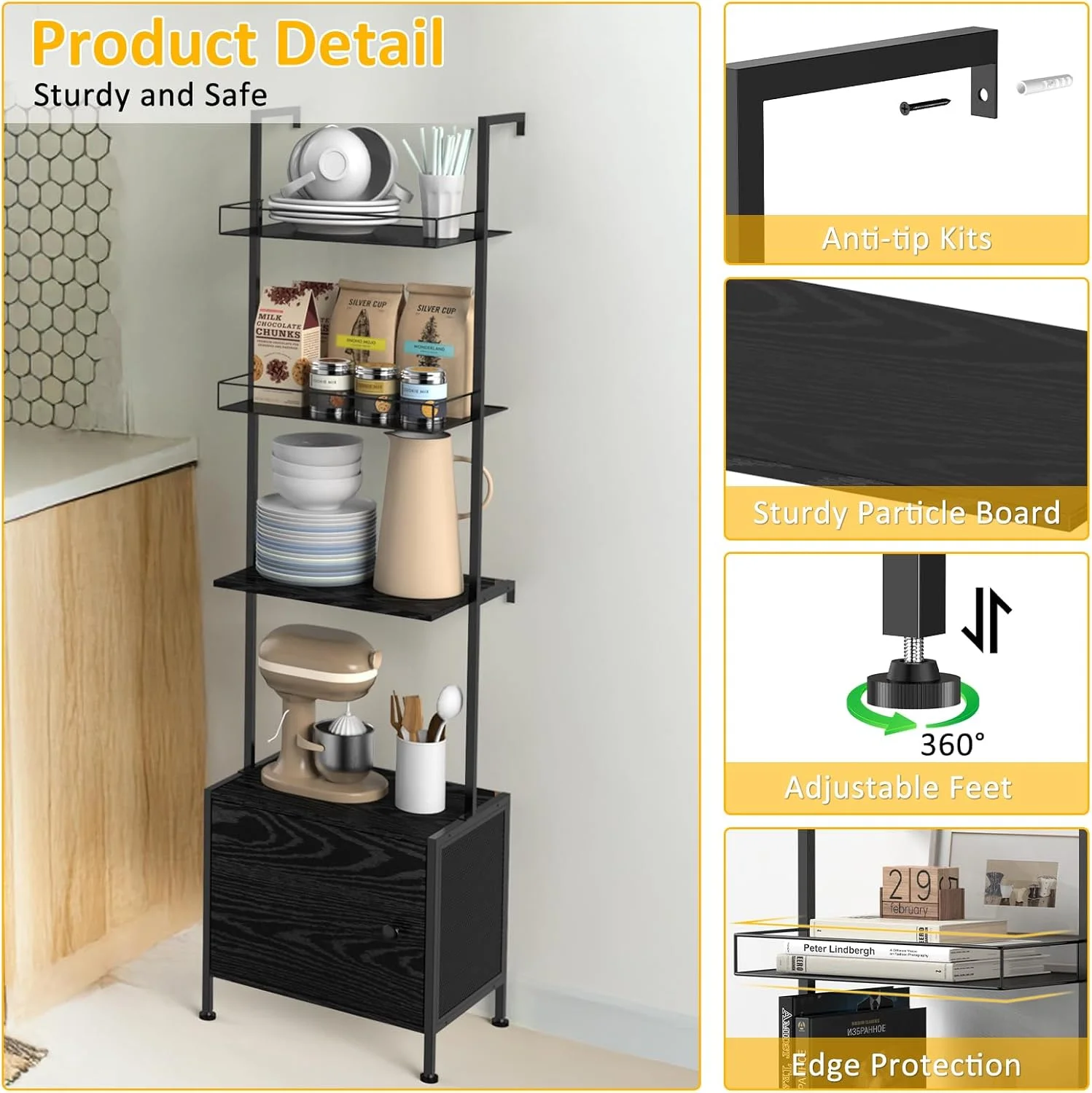 قفسه کتاب نردبانی شینوسکه، قفسه کتاب 5 طبقه با کابینت ذخیره سازی، قفسه کتاب صنعتی دیواری برای فضای کوچک، قاب فلزی، قفسه نمایش بلند برای اتاق نشیمن، گوشه، اتاق خواب، دفتر کار، مشکی قفسه کتاب نردبانی شینوسکه، قفسه کتاب 5 طبقه با کابینت ذخیره سازی، قفسه کتاب صنعتی دیواری برای فضای کوچک، قاب فلزی، قفسه نمایش بلند برای اتاق نشیمن، گوشه، اتاق خواب، دفتر کار، مشکی