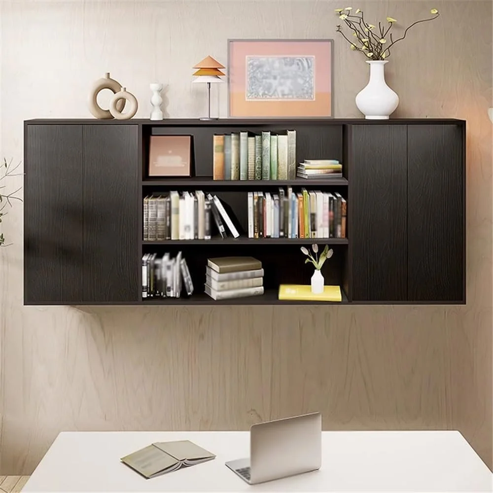 قفسه کتاب دیواری مشکی با درب کابینت، قفسه ذخیره سازی چند محفظه ای از جنس تخته مصنوعی، آویز مجله آشپزخانه قفسه کتاب دیواری مشکی با درب کابینت، قفسه ذخیره سازی چند محفظه ای از جنس تخته مصنوعی، آویز مجله آشپزخانه