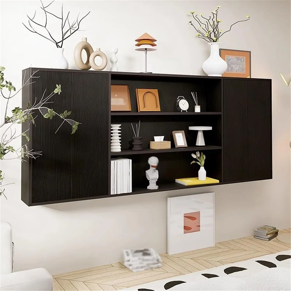 قفسه کتاب دیواری مشکی با درب کابینت، قفسه ذخیره سازی چند محفظه ای از جنس تخته مصنوعی، آویز مجله آشپزخانه قفسه کتاب دیواری مشکی با درب کابینت، قفسه ذخیره سازی چند محفظه ای از جنس تخته مصنوعی، آویز مجله آشپزخانه