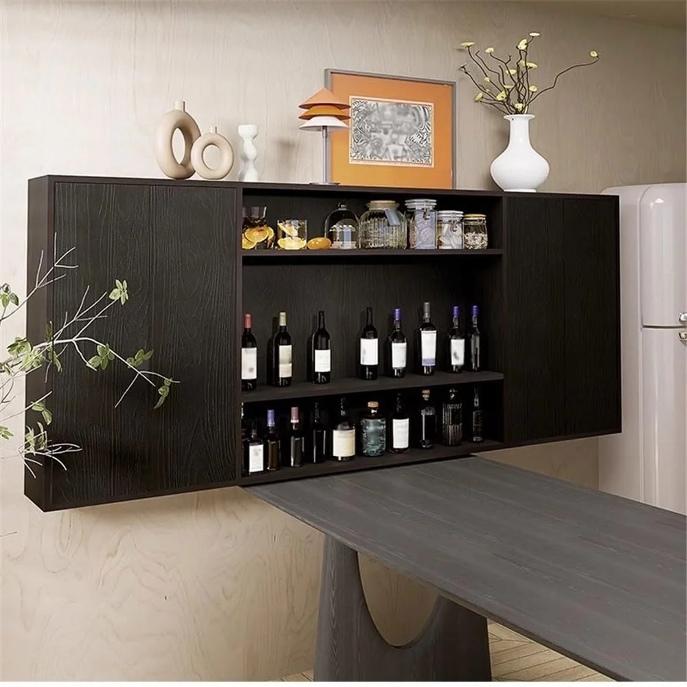 قفسه کتاب دیواری مشکی با درب کابینت، قفسه ذخیره سازی چند محفظه ای از جنس تخته مصنوعی، آویز مجله آشپزخانه قفسه کتاب دیواری مشکی با درب کابینت، قفسه ذخیره سازی چند محفظه ای از جنس تخته مصنوعی، آویز مجله آشپزخانه