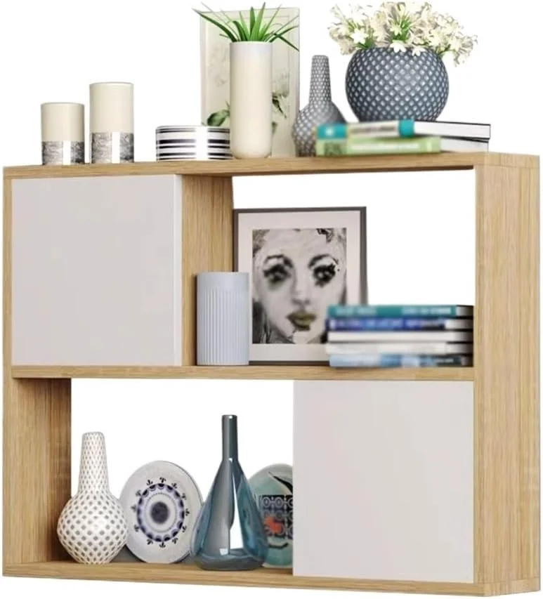 قفسه کتاب دیواری چهار خانه، چوبی با درب کابینت، قفسه سازمان دهنده اتاق خواب، قفسه ذخیره سازی آشپزخانه اتاق نشیمن (L80xW24xH65 سانتی متر)