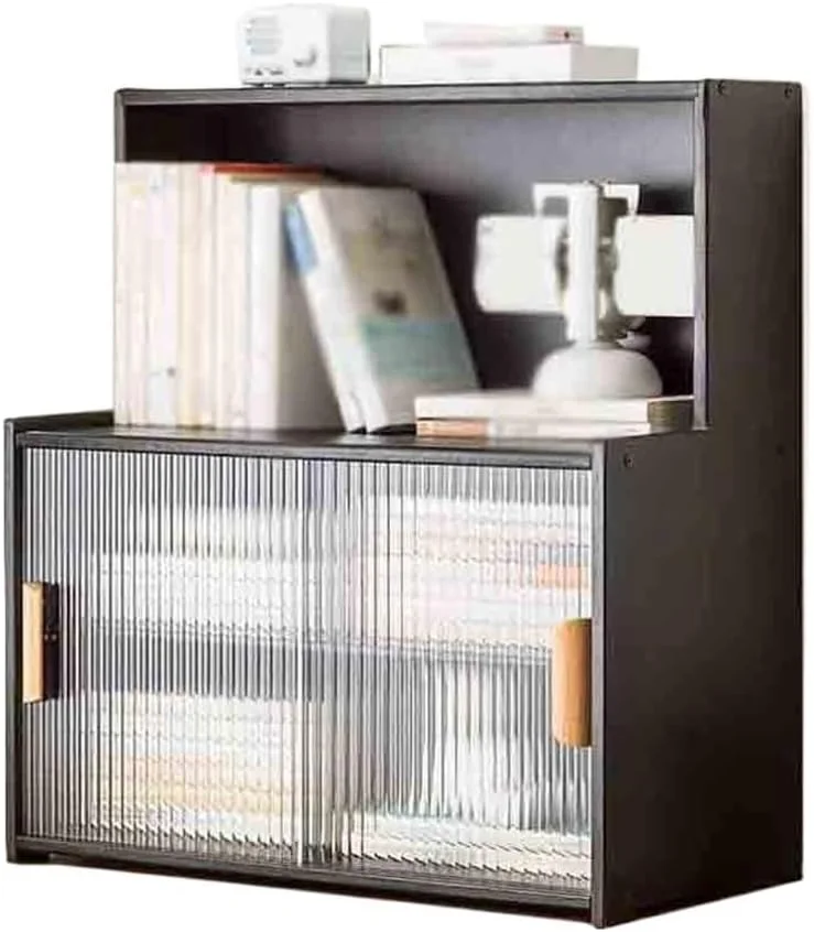 قفسه کتاب رومیزی مشکی با جداکننده های قابل تنظیم، با درب کشویی پلاستیکی، مناسب برای قفسه نگهداری اتاق نشیمن، دفتر کار و مطالعه (L55xW28xH61 سانتی متر) قفسه کتاب رومیزی مشکی با جداکننده های قابل تنظیم، با درب کشویی پلاستیکی، مناسب برای قفسه نگهداری اتاق نشیمن، دفتر کار و مطالعه (L55xW28xH61 سانتی متر)