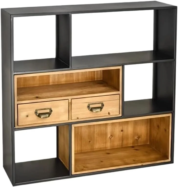 قفسه کتاب دیواری با قاب فلزی مربع شکل، به همراه قفسه کتاب چوبی دو کشویی، مناسب برای قفسه نمایش اتاق نشیمن، دفتر کار و آشپزخانه قفسه کتاب دیواری با قاب فلزی مربع شکل، به همراه قفسه کتاب چوبی دو کشویی، مناسب برای قفسه نمایش اتاق نشیمن، دفتر کار و آشپزخانه