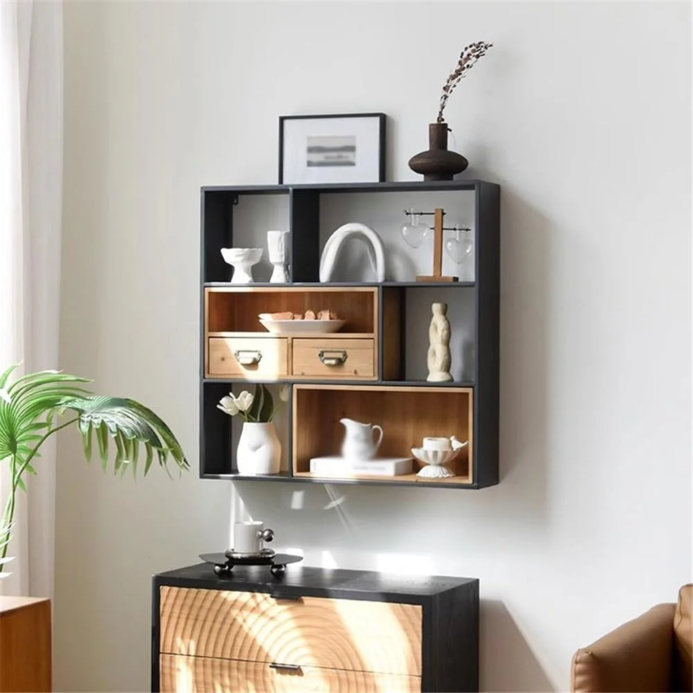 قفسه کتاب دیواری با قاب فلزی مربع شکل، به همراه قفسه کتاب چوبی دو کشویی، مناسب برای قفسه نمایش اتاق نشیمن، دفتر کار و آشپزخانه قفسه کتاب دیواری با قاب فلزی مربع شکل، به همراه قفسه کتاب چوبی دو کشویی، مناسب برای قفسه نمایش اتاق نشیمن، دفتر کار و آشپزخانه