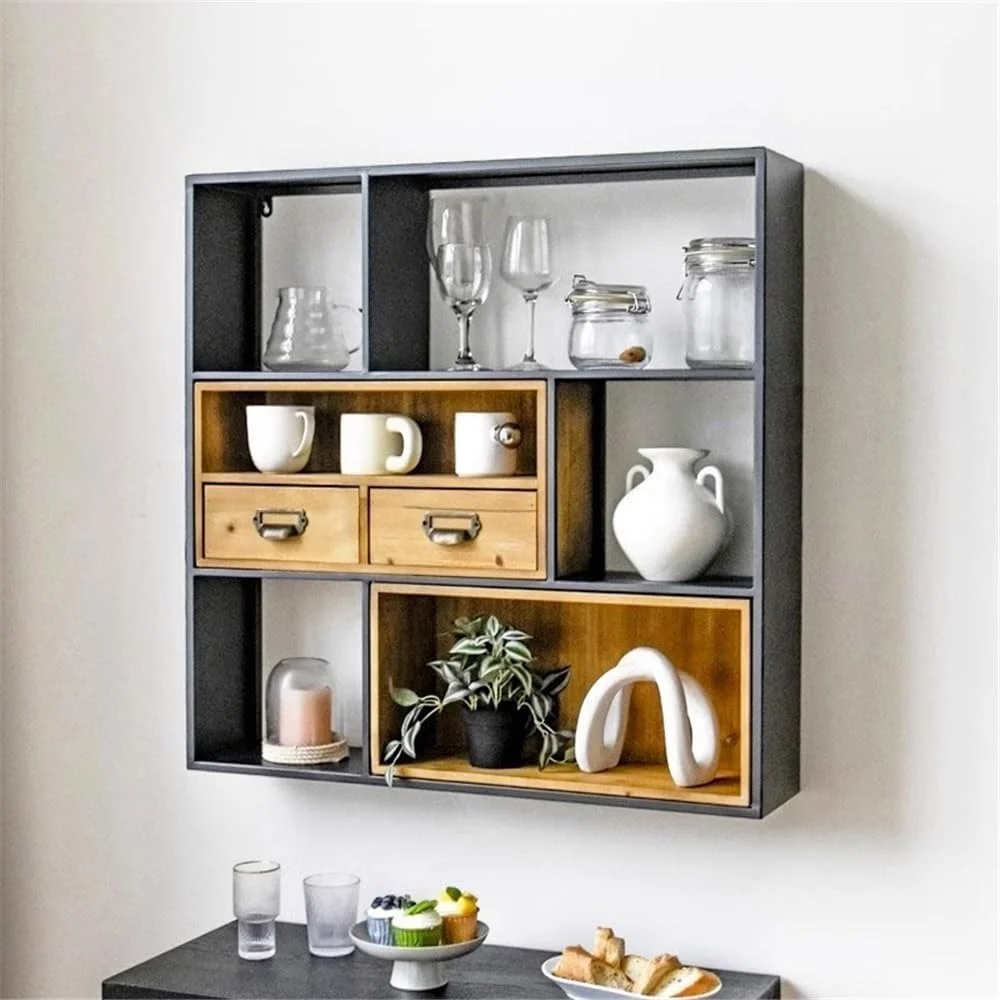 قفسه کتاب دیواری با قاب فلزی مربع شکل، به همراه قفسه کتاب چوبی دو کشویی، مناسب برای قفسه نمایش اتاق نشیمن، دفتر کار و آشپزخانه قفسه کتاب دیواری با قاب فلزی مربع شکل، به همراه قفسه کتاب چوبی دو کشویی، مناسب برای قفسه نمایش اتاق نشیمن، دفتر کار و آشپزخانه