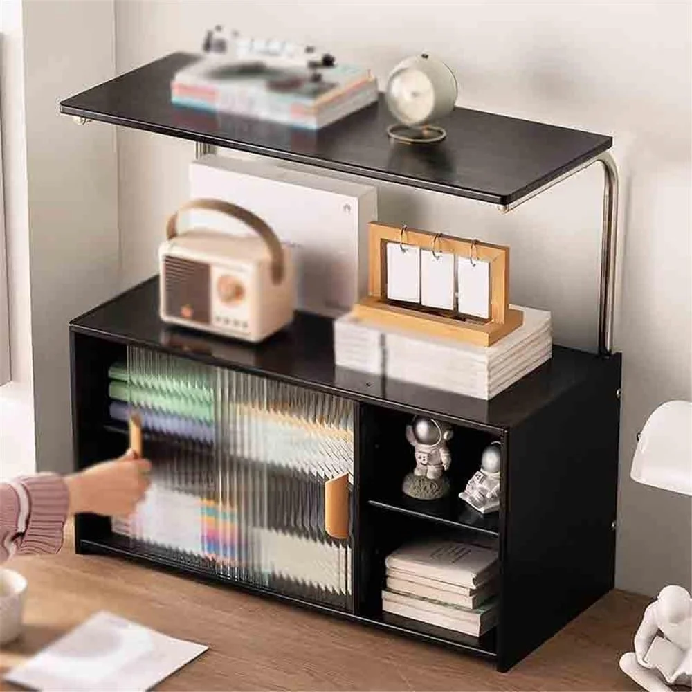 قفسه کتاب رومیزی چند طبقه بامبو مشکی، با قفسه ذخیره سازی درب کشویی پلاستیکی، برای قفسه نمایشگر سازمان دهنده کتاب های اداری قفسه کتاب رومیزی چند طبقه بامبو مشکی، با قفسه ذخیره سازی درب کشویی پلاستیکی، برای قفسه نمایشگر سازمان دهنده کتاب های اداری