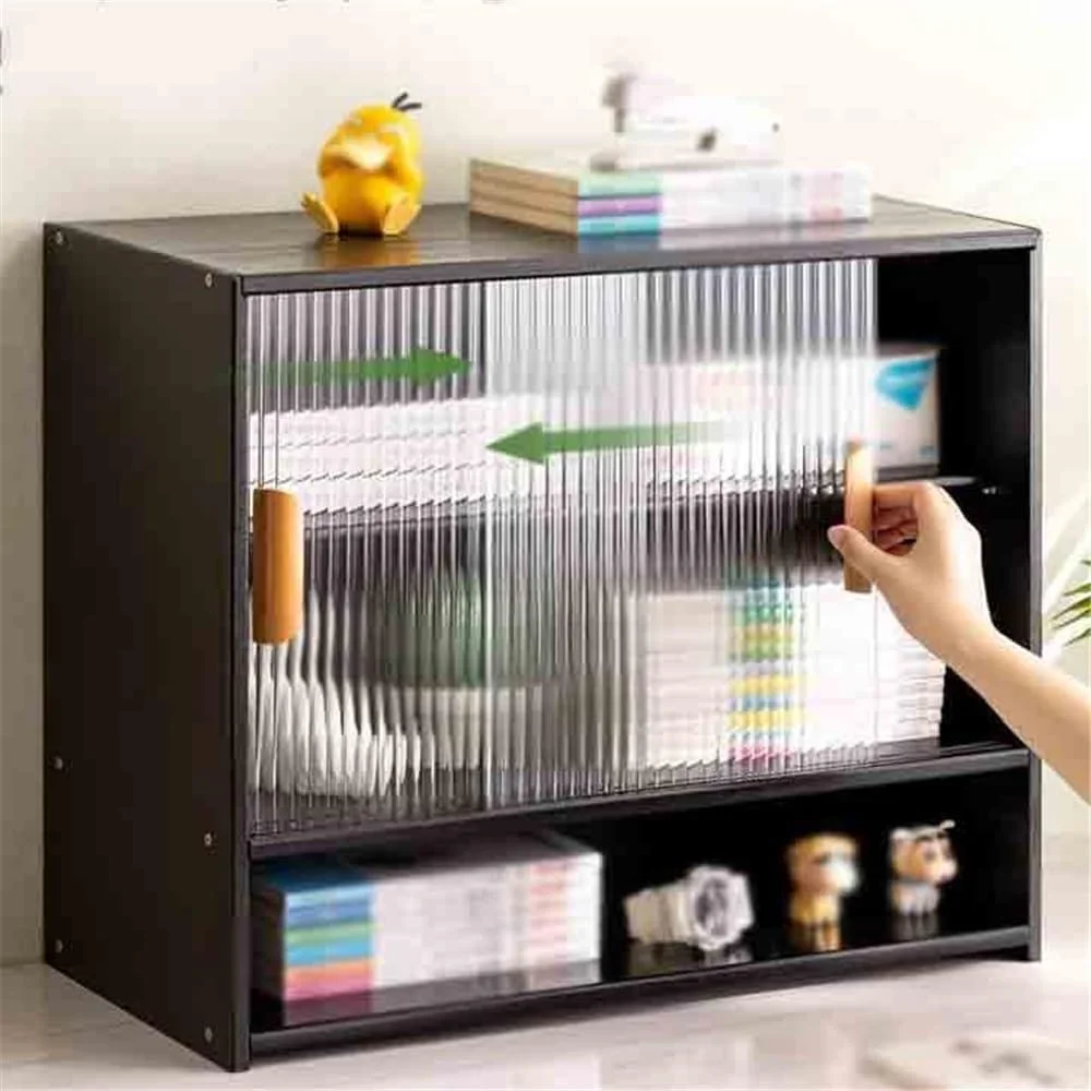 قفسه کتاب چند طبقه رومیزی، با درب کشویی پلاستیکی و جداکننده های قابل تنظیم، برای قفسه سازمان دهنده نمایش اتاق خواب دفتر کار خانگی (مشکی) قفسه کتاب چند طبقه رومیزی، با درب کشویی پلاستیکی و جداکننده های قابل تنظیم، برای قفسه سازمان دهنده نمایش اتاق خواب دفتر کار خانگی (مشکی)