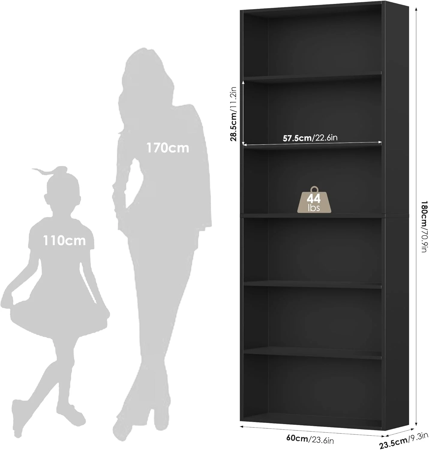 قفسه کتاب FirFurd با 6 محفظه، قفسه کتاب چوبی برای اتاق نشیمن، اتاق مطالعه، چوبی 180 x 60 x 23.5 سانتی متر، مشکی قفسه کتاب FirFurd با 6 محفظه، قفسه کتاب چوبی برای اتاق نشیمن، اتاق مطالعه، چوبی 180 x 60 x 23.5 سانتی متر، مشکی