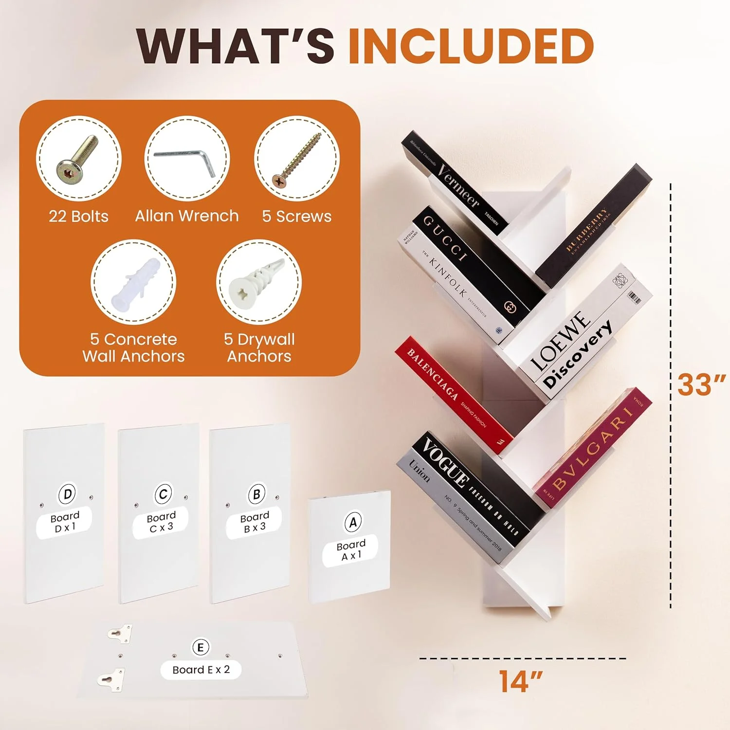 کتابخانه درختی 7 طبقه | سازمان دهنده کتاب دیواری | کتابخانه شناور چوبی برای کودکان (سفید)