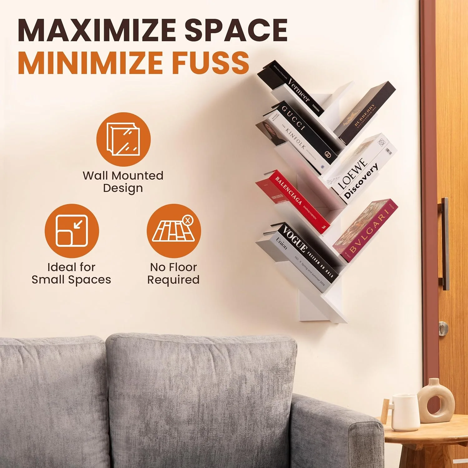 کتابخانه درختی 7 طبقه | سازمان دهنده کتاب دیواری | کتابخانه شناور چوبی برای کودکان (سفید)