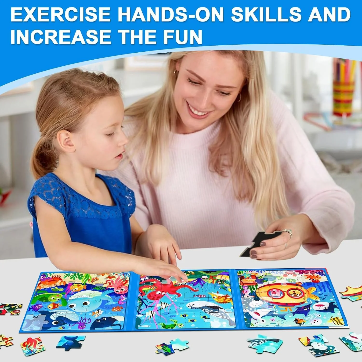 پازل های مغناطیسی برای کودکان 3-6 سال، 3 در 1 بازی پازل مسافرتی برای کودکان 3-5 سال، اسباب بازی فعالیت پازل اره منبت کاری مغناطیسی برای پسران و دختران، هدیه اسباب بازی آهنربایی آموزشی پیش دبستانی برای سفر جاده ای (دنیای اقیانوس)