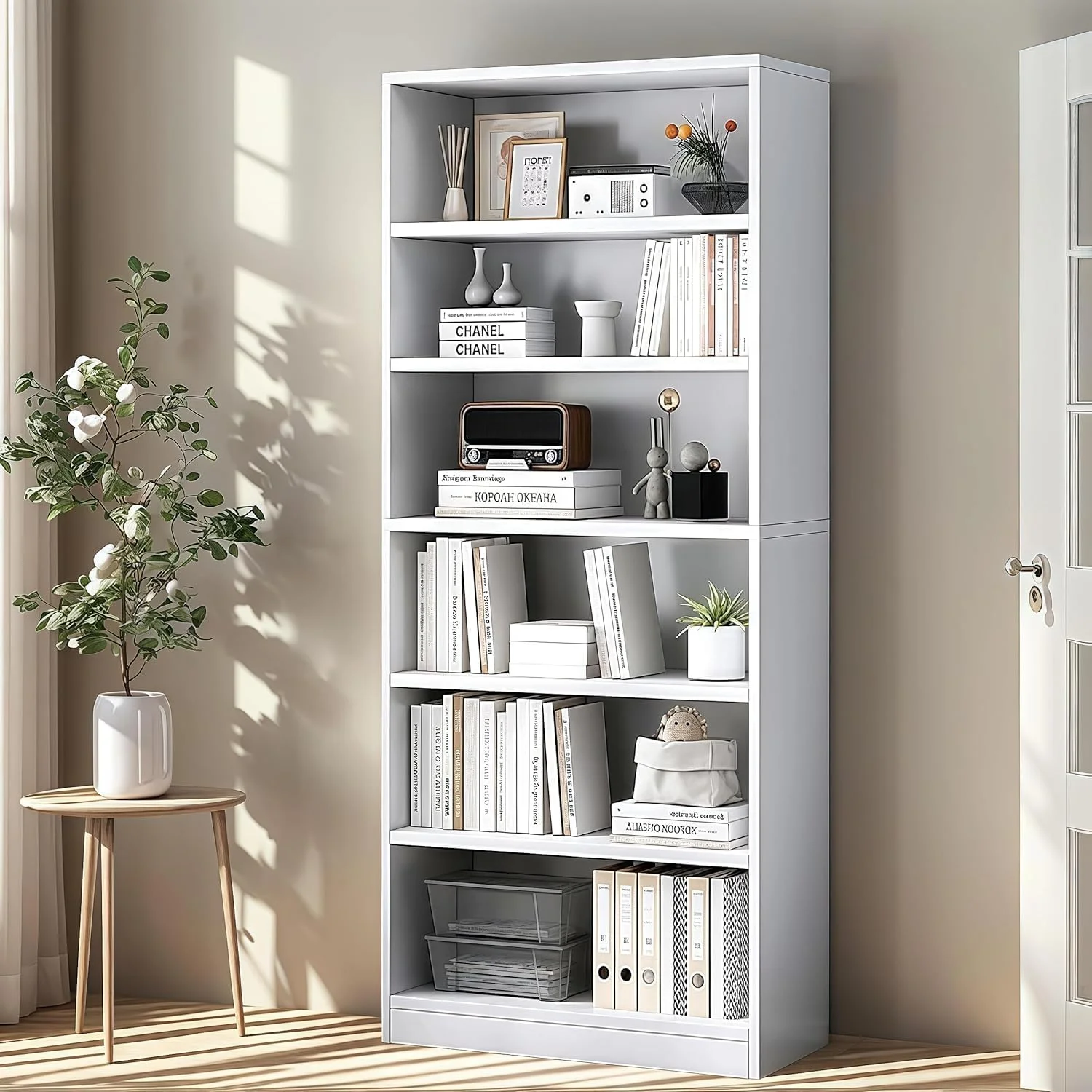 کتابخانه مدرن 6 طبقه LEDIN - قفسه کتاب باز صنعتی برای اتاق نشیمن، دفتر کار، اتاق خواب، سفید، مونتاژ آسان و طراحی صرفه جویی در فضا (سفید) کتابخانه مدرن 6 طبقه LEDIN - قفسه کتاب باز صنعتی برای اتاق نشیمن، دفتر کار، اتاق خواب، سفید، مونتاژ آسان و طراحی صرفه جویی در فضا (سفید)