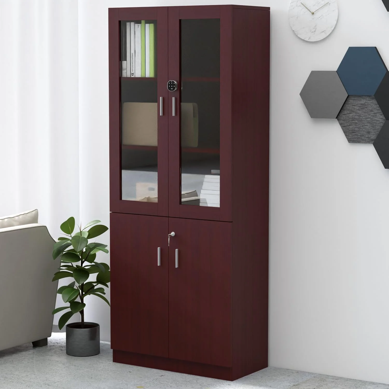 کتابخانه قدی کابینتی Mahmayi Argent 1123 با قفل دیجیتال، کتابخانه چوبی مستحکم و شیک مناسب برای خانه و دفتر - آلبالویی کتابخانه قدی کابینتی Mahmayi Argent 1123 با قفل دیجیتال، کتابخانه چوبی مستحکم و شیک مناسب برای خانه و دفتر - آلبالویی