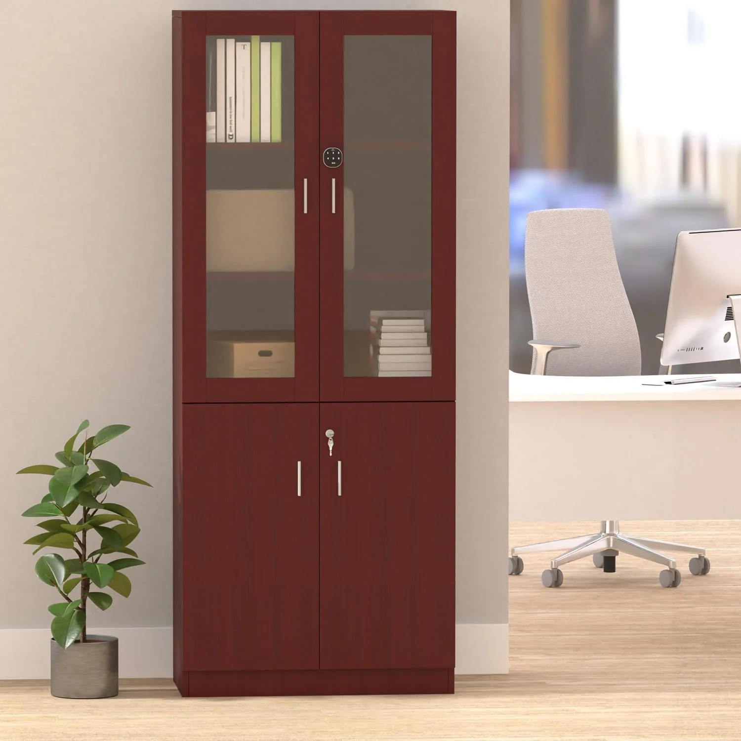 کتابخانه کابینتی تمام قد Mahmayi Argent 1123 با قفل دیجیتال، کتابخانه چوبی مستحکم و شیک مناسب برای خانه و دفتر - آلبالویی کتابخانه کابینتی تمام قد Mahmayi Argent 1123 با قفل دیجیتال، کتابخانه چوبی مستحکم و شیک مناسب برای خانه و دفتر - آلبالویی