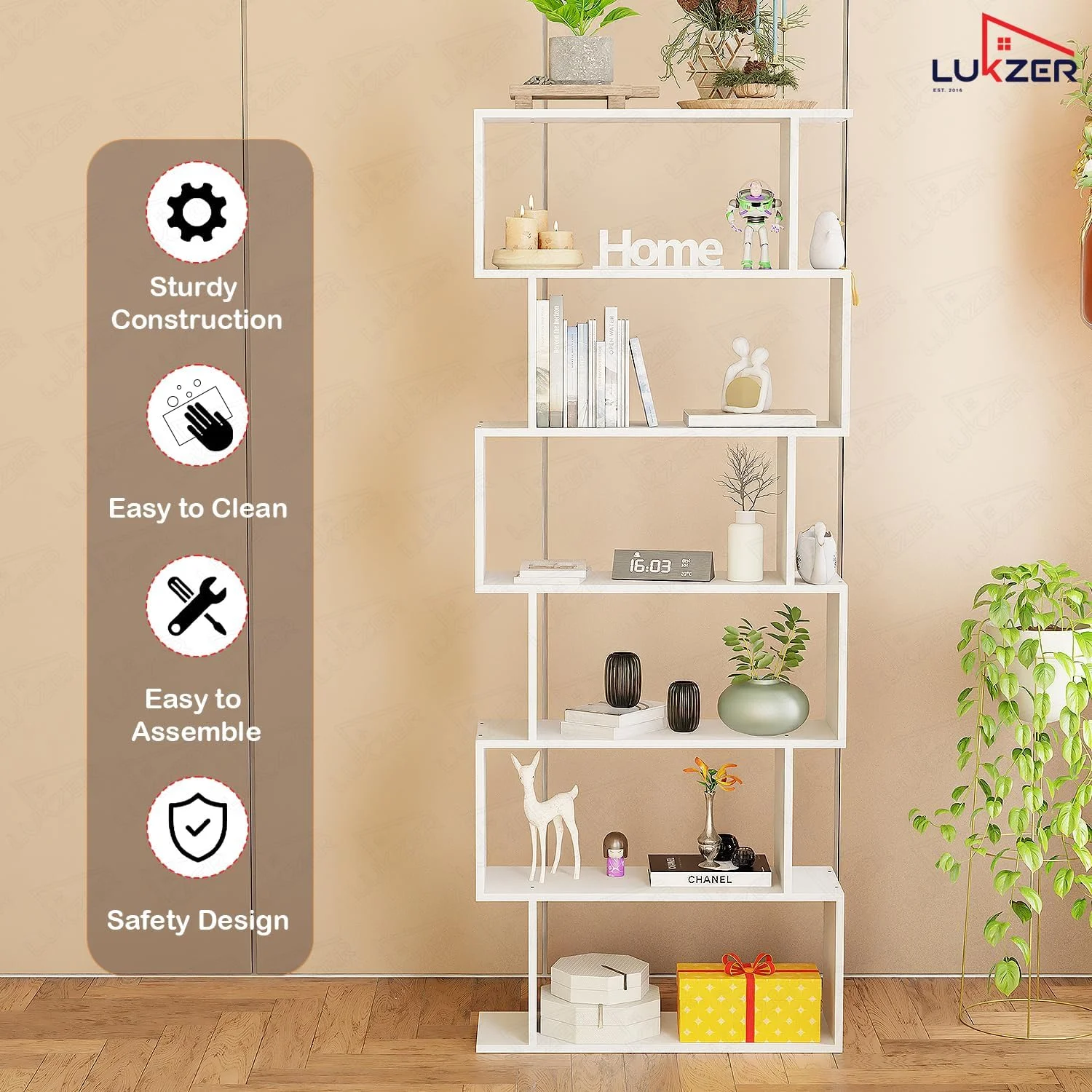 قفسه کتاب نردبانی 6 طبقه طرح S لوکزر | قفسه نمایش باز چوبی مهندسی شده | کتابخانه مدرن برای اتاق نشیمن، دفتر و حمام | سازمان دهنده لوازم خانگی (MR-002، سفید، 178x70x24 سانتی متر، خودمونتاژ) قفسه کتاب نردبانی 6 طبقه طرح S لوکزر | قفسه نمایش باز چوبی مهندسی شده | کتابخانه مدرن برای اتاق نشیمن، دفتر و حمام | سازمان دهنده لوازم خانگی (MR-002، سفید، 178x70x24 سانتی متر، خودمونتاژ)