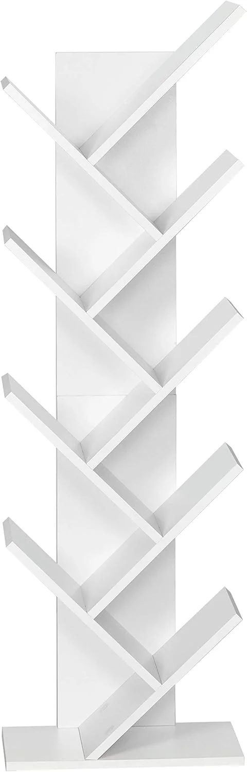 قفسه کتاب میرویل، قفسه کتاب درختی 8 طبقه چوبی ایستاده برای سی دی، مجله در اتاق نشیمن، دفتر کار خانگی، سفید، 40x127x20 سانتی متر