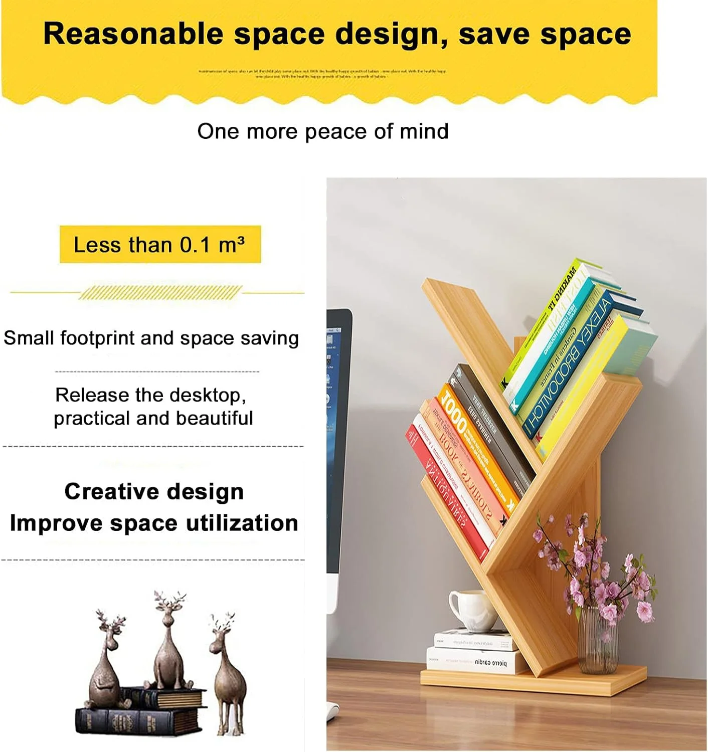 قفسه کتاب درختی رومیزی، قفسه ارگانایزر ذخیره سازی کتاب بامبو 3 طبقه، قفسه کتاب ایستاده زمینی، نگهدارنده کتاب، قفسه ذخیره سازی چوبی برای دفتر کار، خانه، مدرسه (31 * 17 * 40.5 سانتی متر) (زرد)
