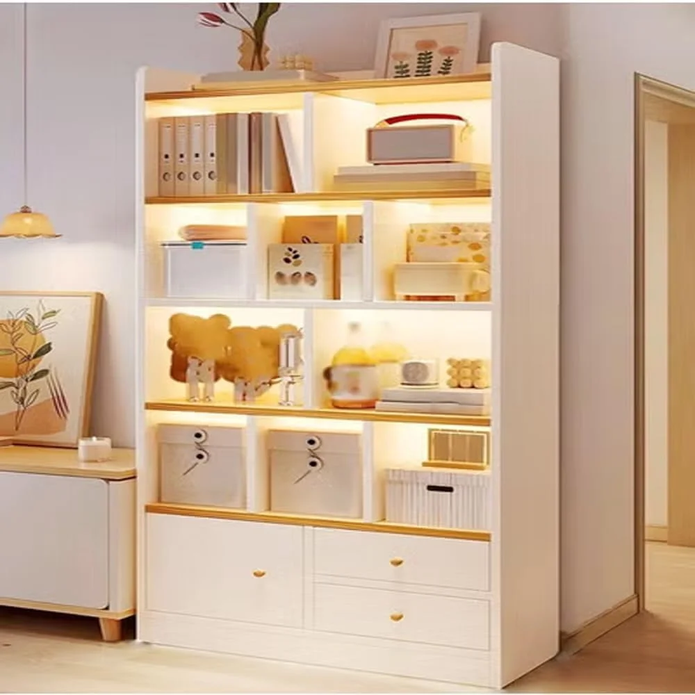 قفسه کتاب چوبی چند منظوره رافین با طبقات متعدد، قفسه نمایش بزرگ با 2 کشو و 1 کابینت درب دار، قفسه ایستاده عمودی برای اتاق نشیمن، مبلمان اداری منزل 80x24x1