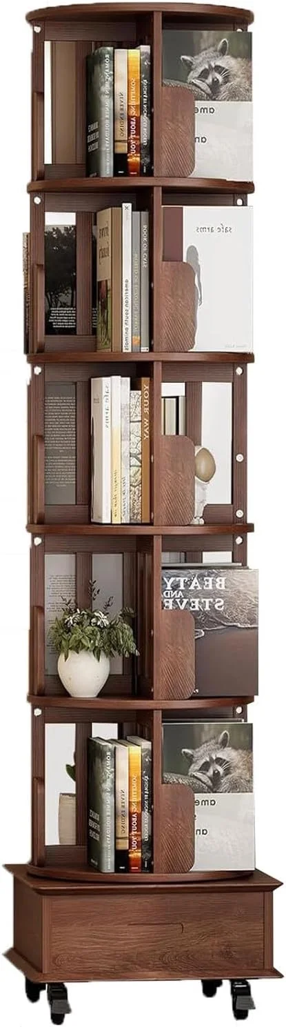 کتابخانه چرخشی 5 طبقه کودک، 360 درجه، ساخته شده از چوب محکم به همراه کشو