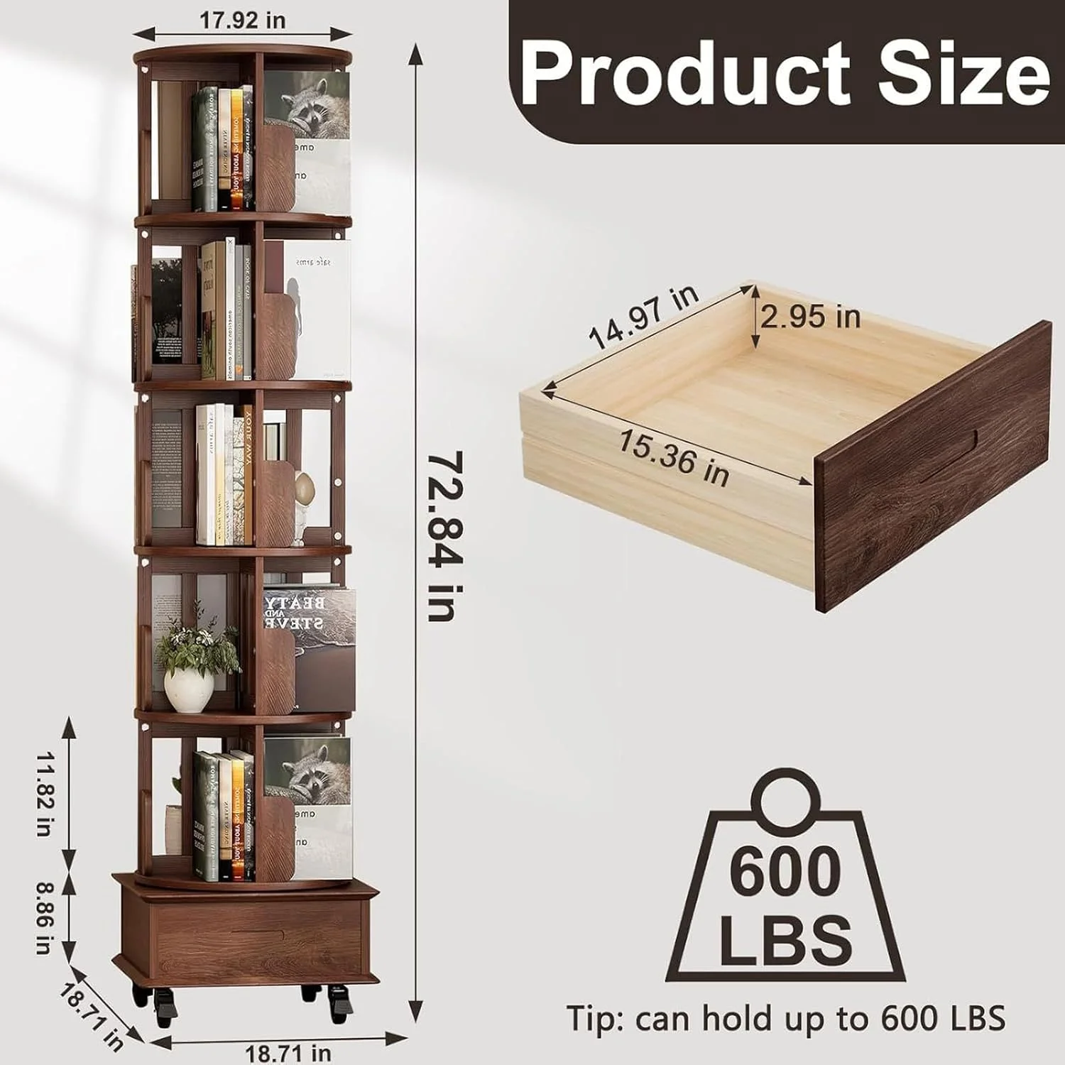 کتابخانه چرخشی 5 طبقه کودک، 360 درجه، ساخته شده از چوب محکم به همراه کشو