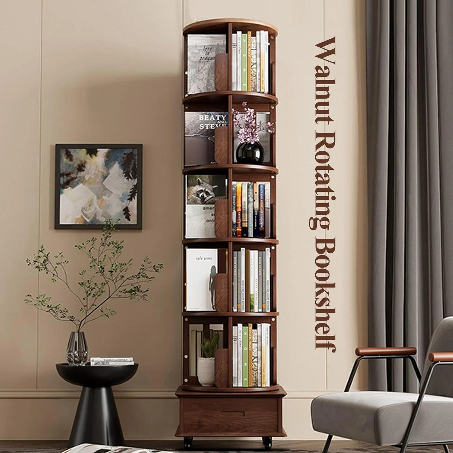 کتابخانه چرخشی 5 طبقه کودک، 360 درجه، ساخته شده از چوب محکم به همراه کشو