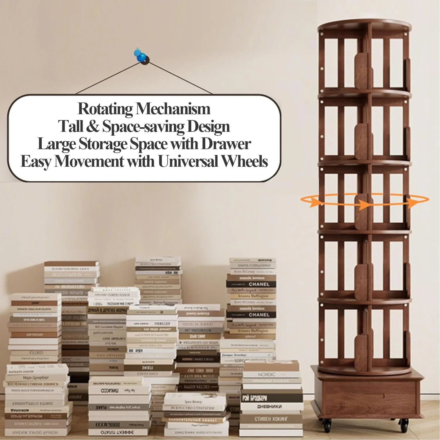 کتابخانه چرخشی 5 طبقه کودک، 360 درجه، ساخته شده از چوب محکم به همراه کشو