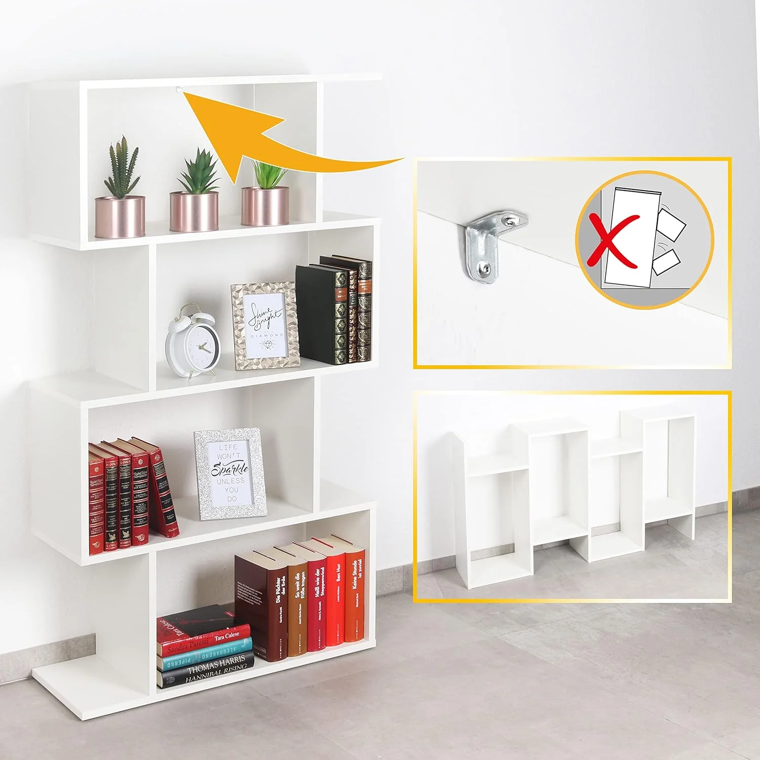 قفسه ایستاده ریکو WM071-WM، ابعاد 129x70x25 سانتی متر، سفید مات، کتابخانه چوبی، قفسه دیواری، باریک برای دفتر کار، قفسه های کوچک