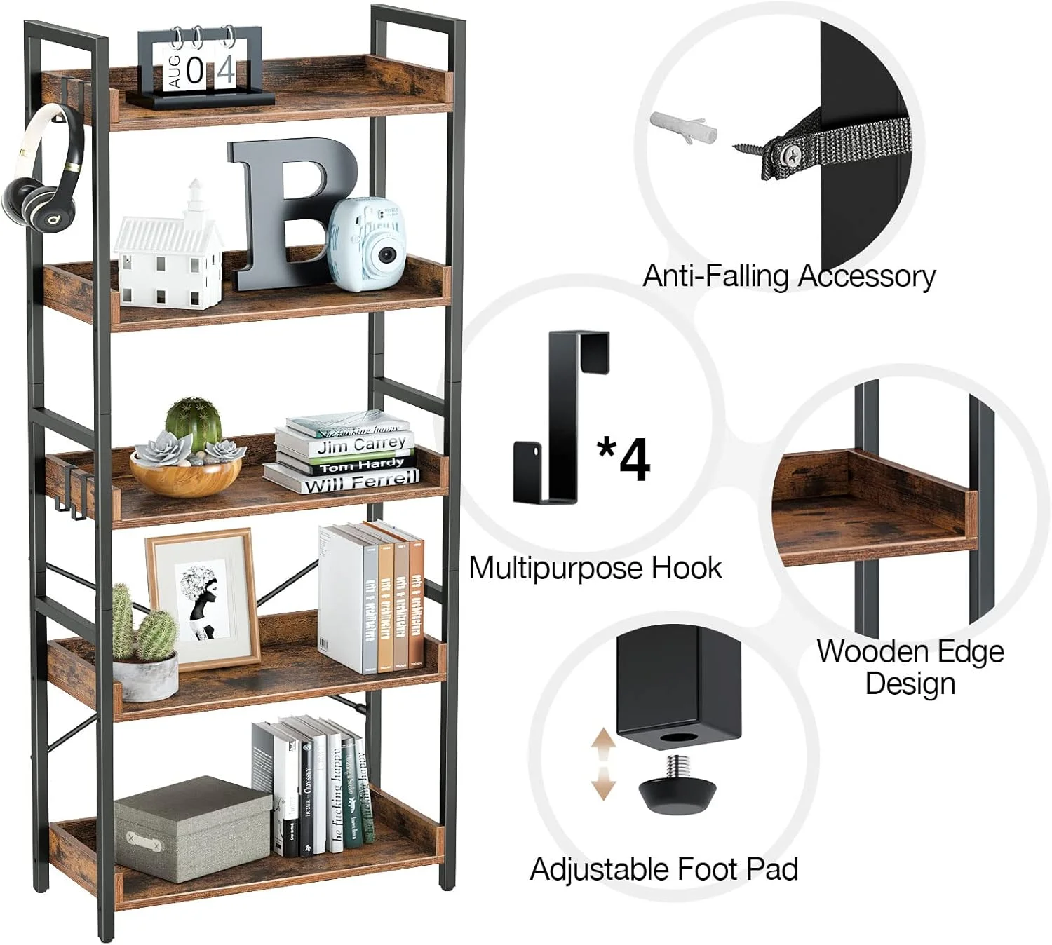 قفسه کتاب 5 طبقه رولان استار با 4 قلاب، قفسه کتاب چوبی صنعتی، قفسه ذخیره سازی قدیمی با قفسه های باز، قفسه نمایش ایستاده روستیک برای اتاق نشیمن، اتاق خواب، قهوه ای روستایی
