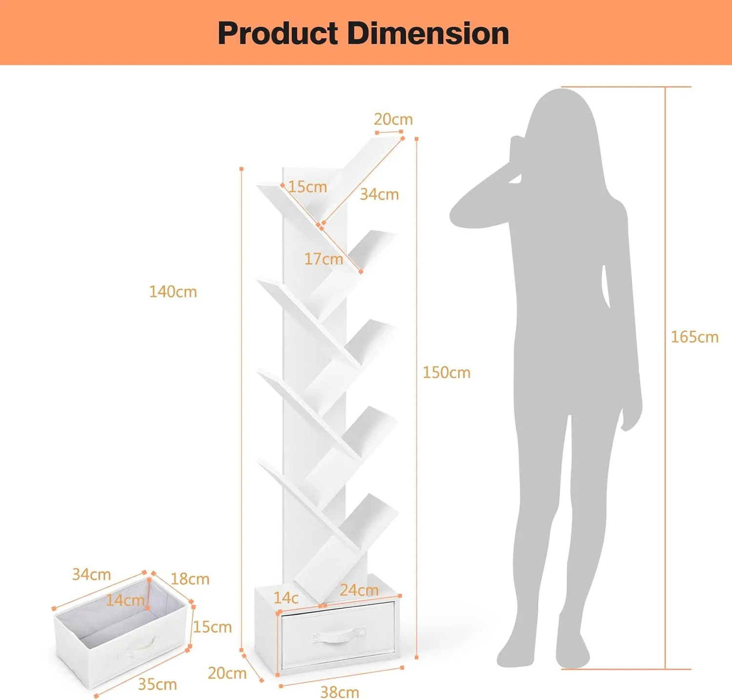 کتابخانه درختی SFAREST با ۸/۱۰ طبقه، قفسه کتاب چوبی ایستاده با پدهای ضد لغزش، قفسه نمایش و نگهداری کتاب برای اتاق نشیمن، خانه و دفتر کار (۱۰ طبقه، سفید)