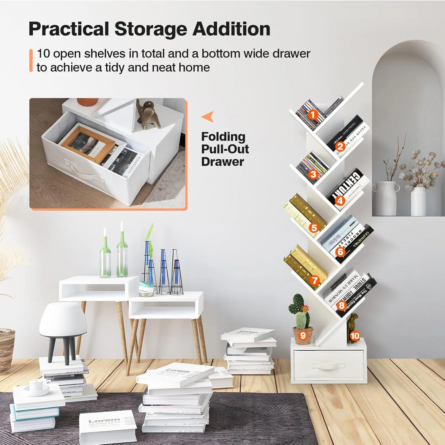 کتابخانه درختی SFAREST با ۸/۱۰ طبقه، قفسه کتاب چوبی ایستاده با پدهای ضد لغزش، قفسه نمایش و نگهداری کتاب برای اتاق نشیمن، خانه و دفتر کار (۱۰ طبقه، سفید)