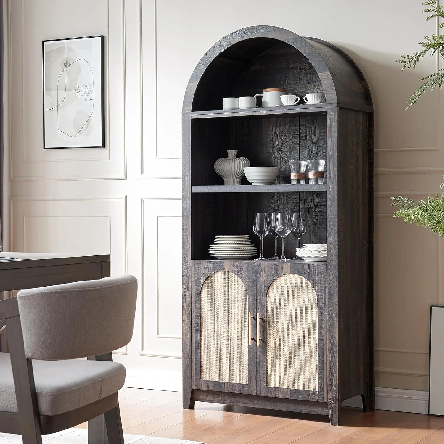 کتابخانه کمانی حصیری - کابینت نمایشگر با ارتفاع 176 سانتی متر، قفسه کتاب گرد با درهای حصیری، قفسه باز برای اتاق ناهارخوری (بلوطی تیره روستیک، 1 عدد) کتابخانه کمانی حصیری - کابینت نمایشگر با ارتفاع 176 سانتی متر، قفسه کتاب گرد با درهای حصیری، قفسه باز برای اتاق ناهارخوری (بلوطی تیره روستیک، 1 عدد)