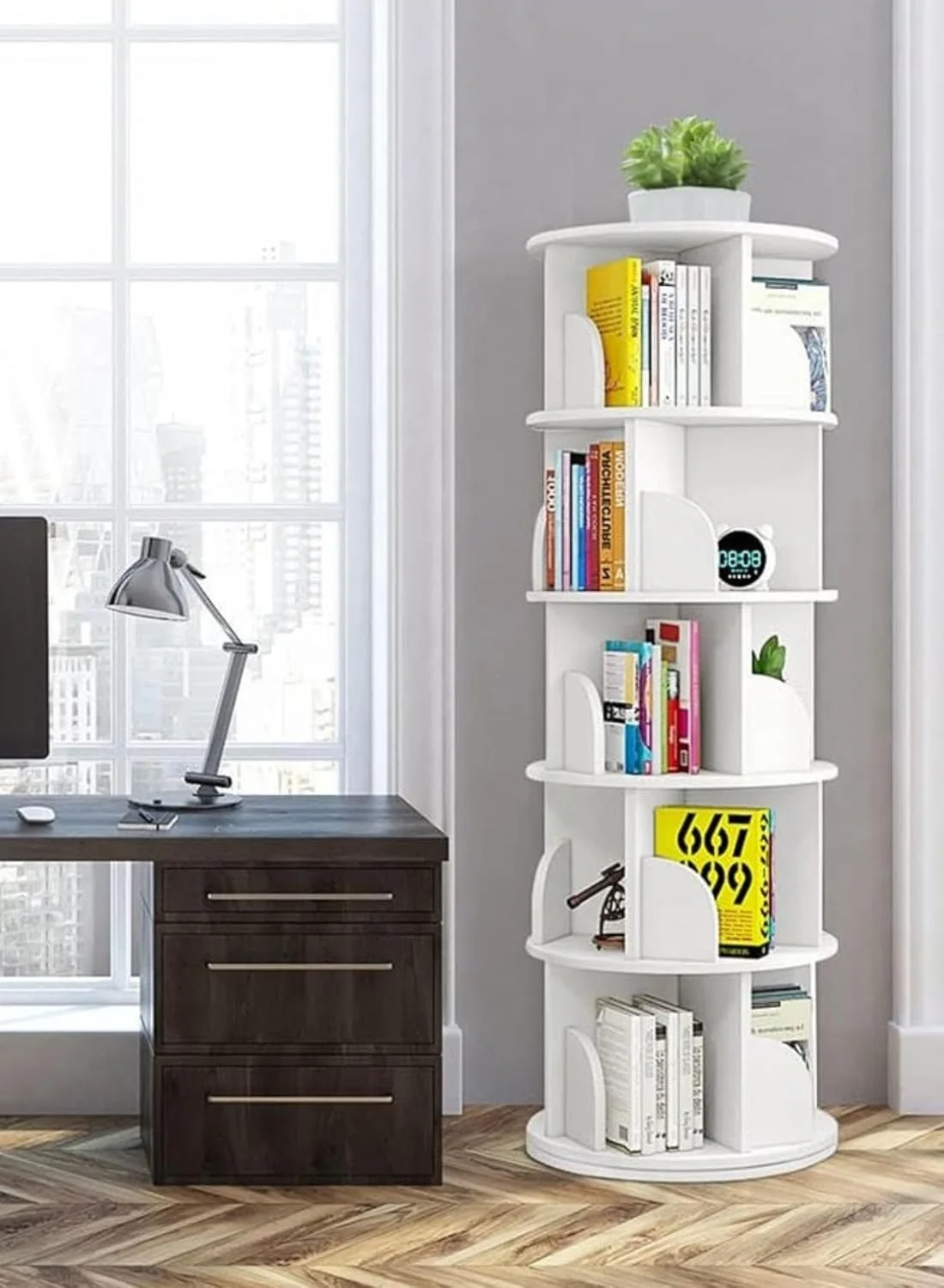 قفسه کتاب چرخشی 5 طبقه، قفسه های ایستاده چرخشی 360 درجه، قفسه نمایشگر ذخیره سازی ایستاده، قفسه کتاب باریک چوبی برای اتاق خواب، اتاق نشیمن