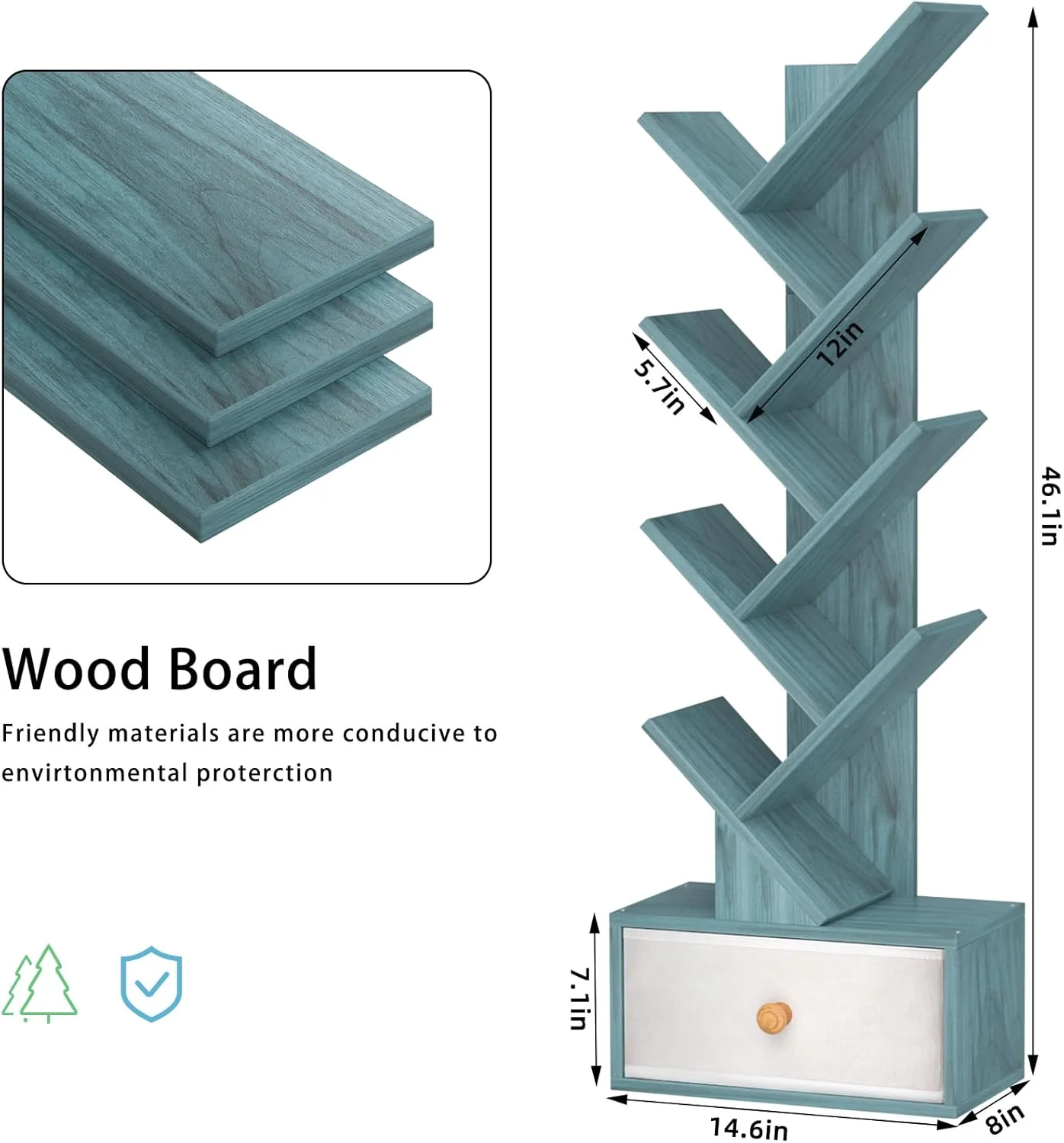 کتابخانه درختی 8 طبقه با کشو، قفسه کتاب چوبی ایستاده برای فضای باریک، قفسه های سازمان دهنده برای کتاب، قفسه کتاب برای دفتر کار خانگی، اتاق نشیمن، اتاق خواب، آبی سرمه ای