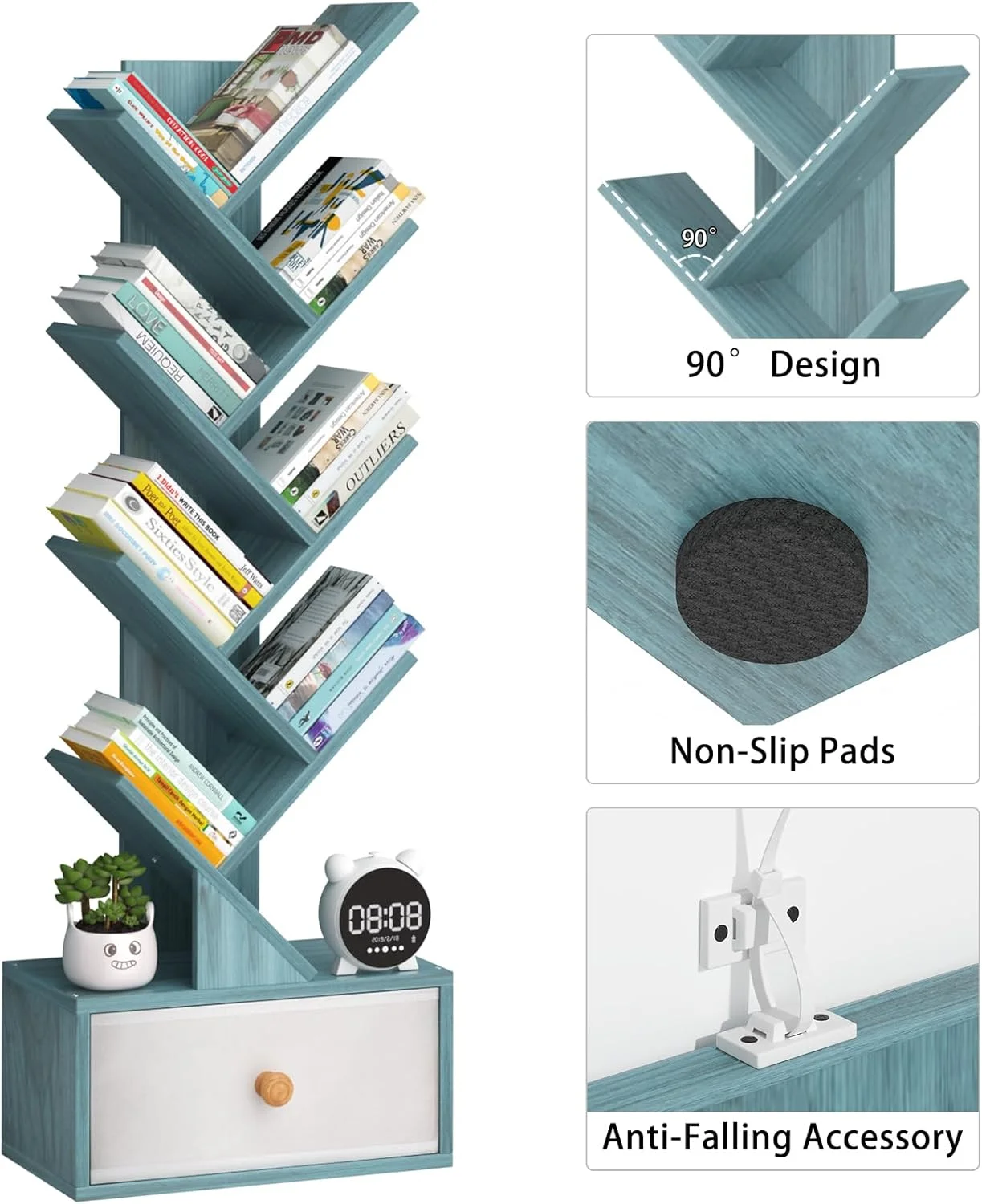 کتابخانه درختی 8 طبقه با کشو، قفسه کتاب چوبی ایستاده برای فضای باریک، قفسه های سازمان دهنده برای کتاب، قفسه کتاب برای دفتر کار خانگی، اتاق نشیمن، اتاق خواب، آبی سرمه ای