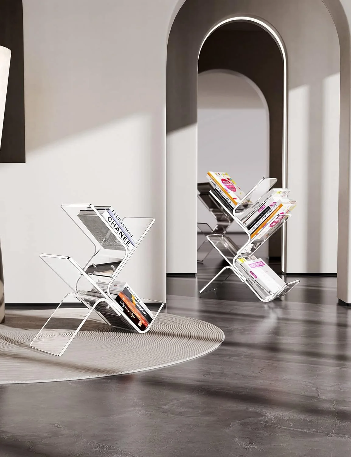 قفسه کتاب آکریلیک بزرگ مدرن شفاف تکیه گاه دیواری قفسه کتاب ایستاده سازمان دهنده درختی قفسه ذخیره سازی تزئینی (3 طبقه، شفاف)