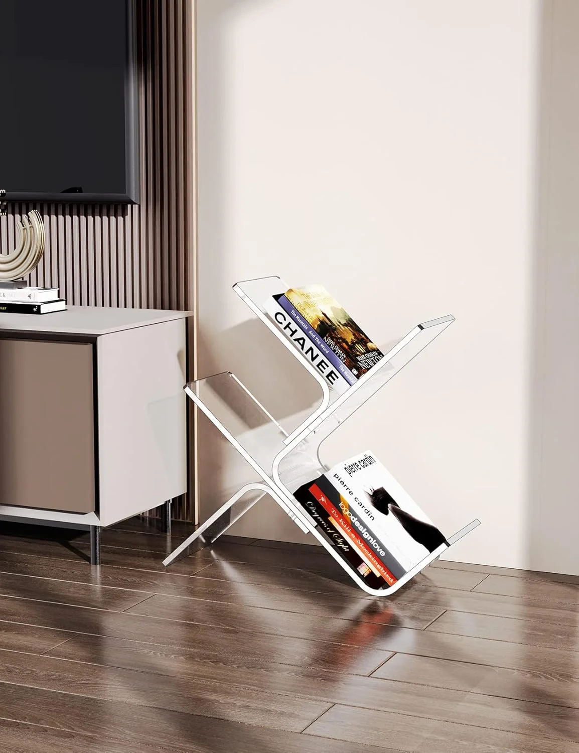 قفسه کتاب آکریلیک بزرگ مدرن شفاف تکیه گاه دیواری قفسه کتاب ایستاده سازمان دهنده درختی قفسه ذخیره سازی تزئینی (3 طبقه، شفاف)