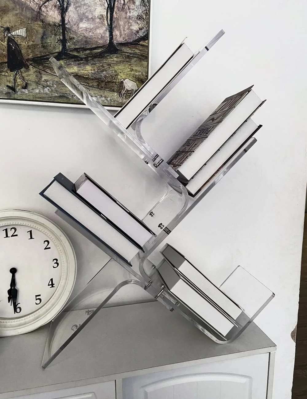 قفسه کتاب آکریلیک بزرگ مدرن شفاف تکیه گاه دیواری قفسه کتاب ایستاده سازمان دهنده درختی قفسه ذخیره سازی تزئینی (3 طبقه، شفاف)