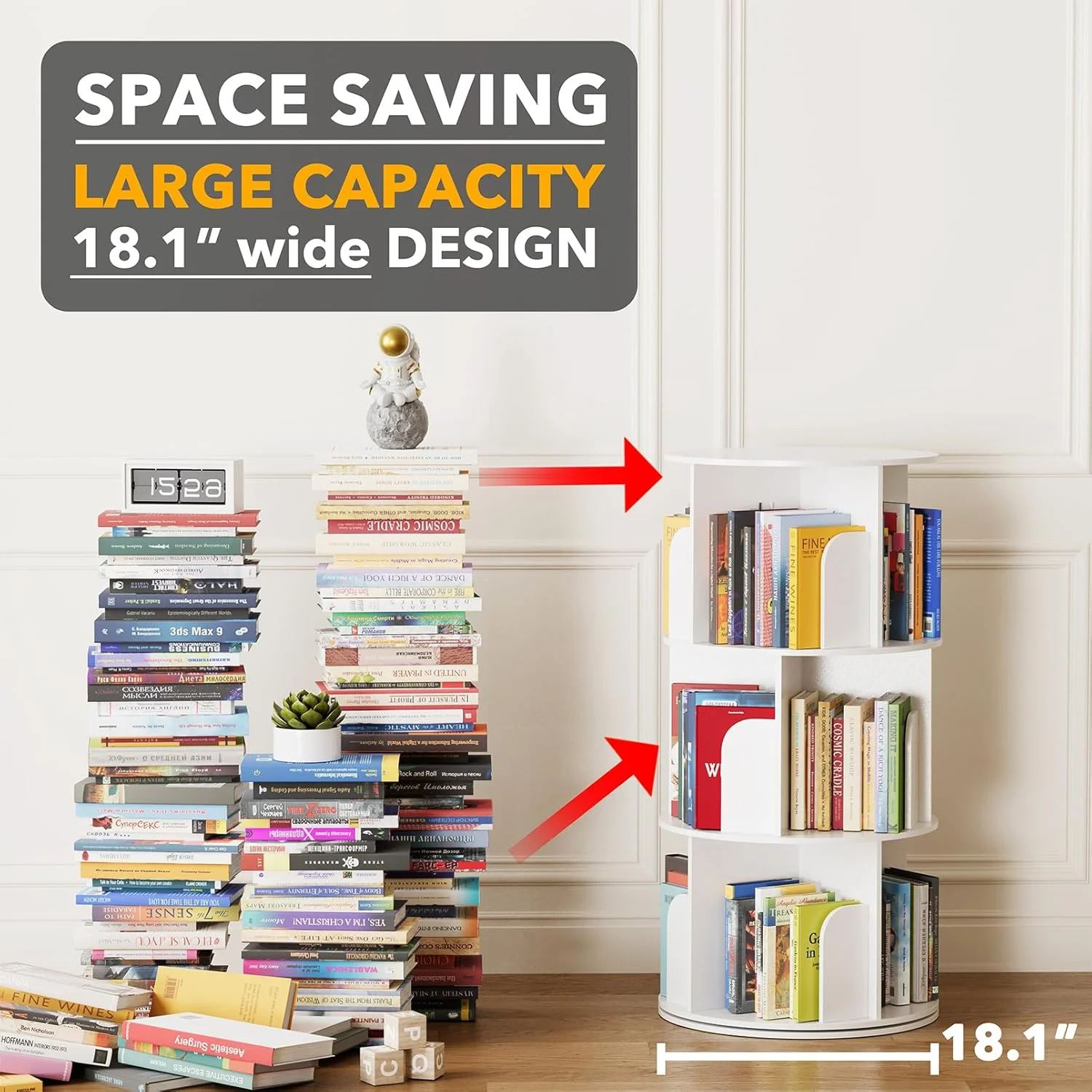 کتابخانه گردان 3 طبقه SpaceAid مدل Cross Style، قفسه کتاب چرخشی 360 درجه، برج Lazy Susan، قفسه کتاب عمودی، سازمان دهنده چرخشی گرد، سفید