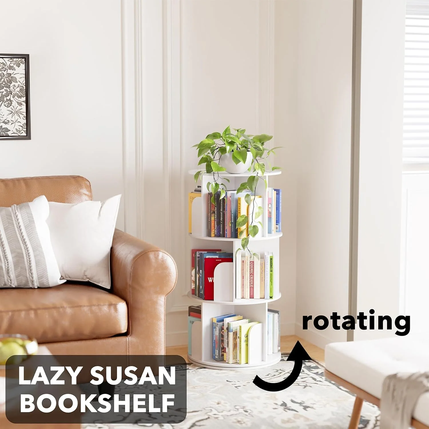 کتابخانه گردان 3 طبقه SpaceAid مدل Cross Style، قفسه کتاب چرخشی 360 درجه، برج Lazy Susan، قفسه کتاب عمودی، سازمان دهنده چرخشی گرد، سفید